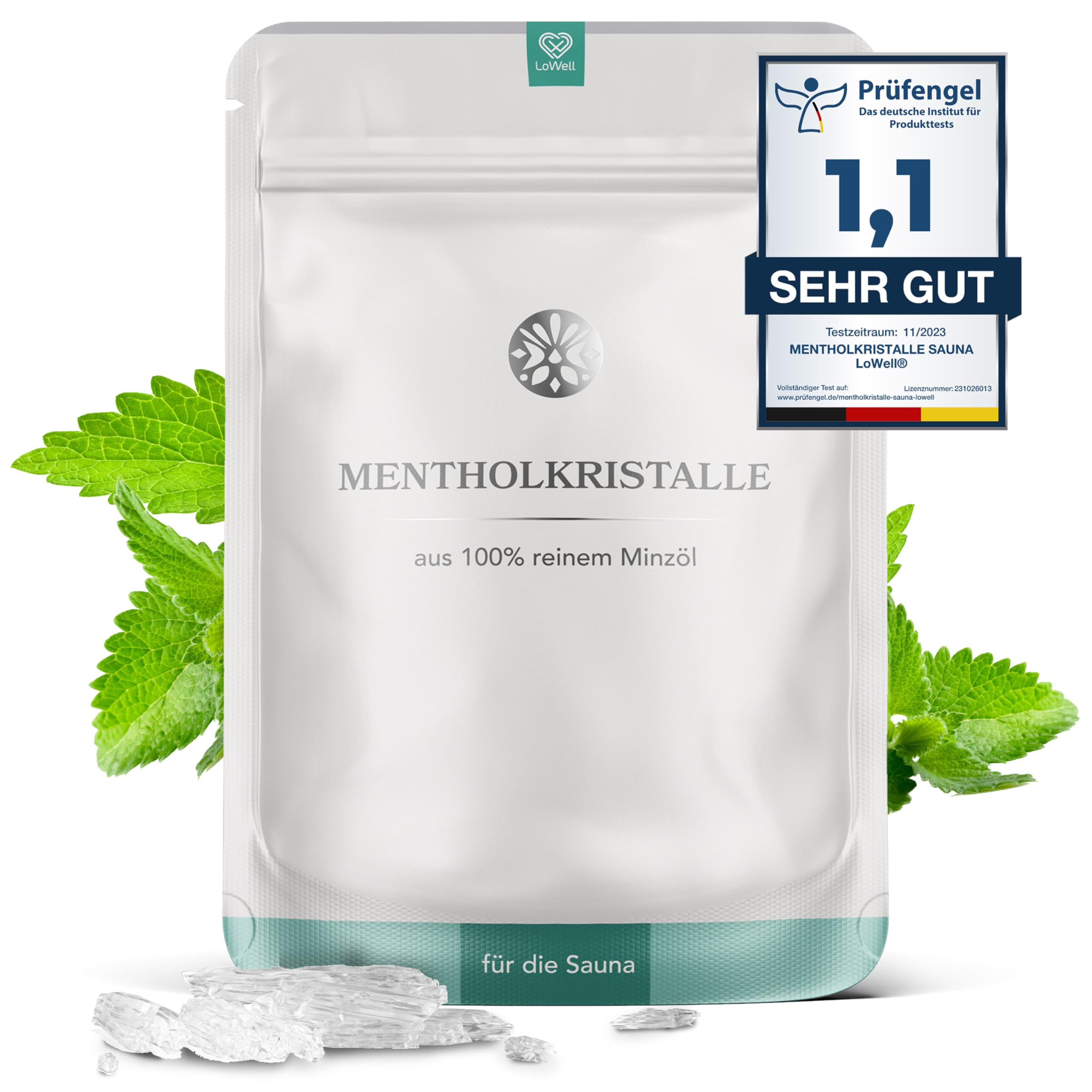 LoWell® 100g Cristales de mentol 100% menta pura - Ideal como infusión para sauna - Bolsas recerrables - Mentol