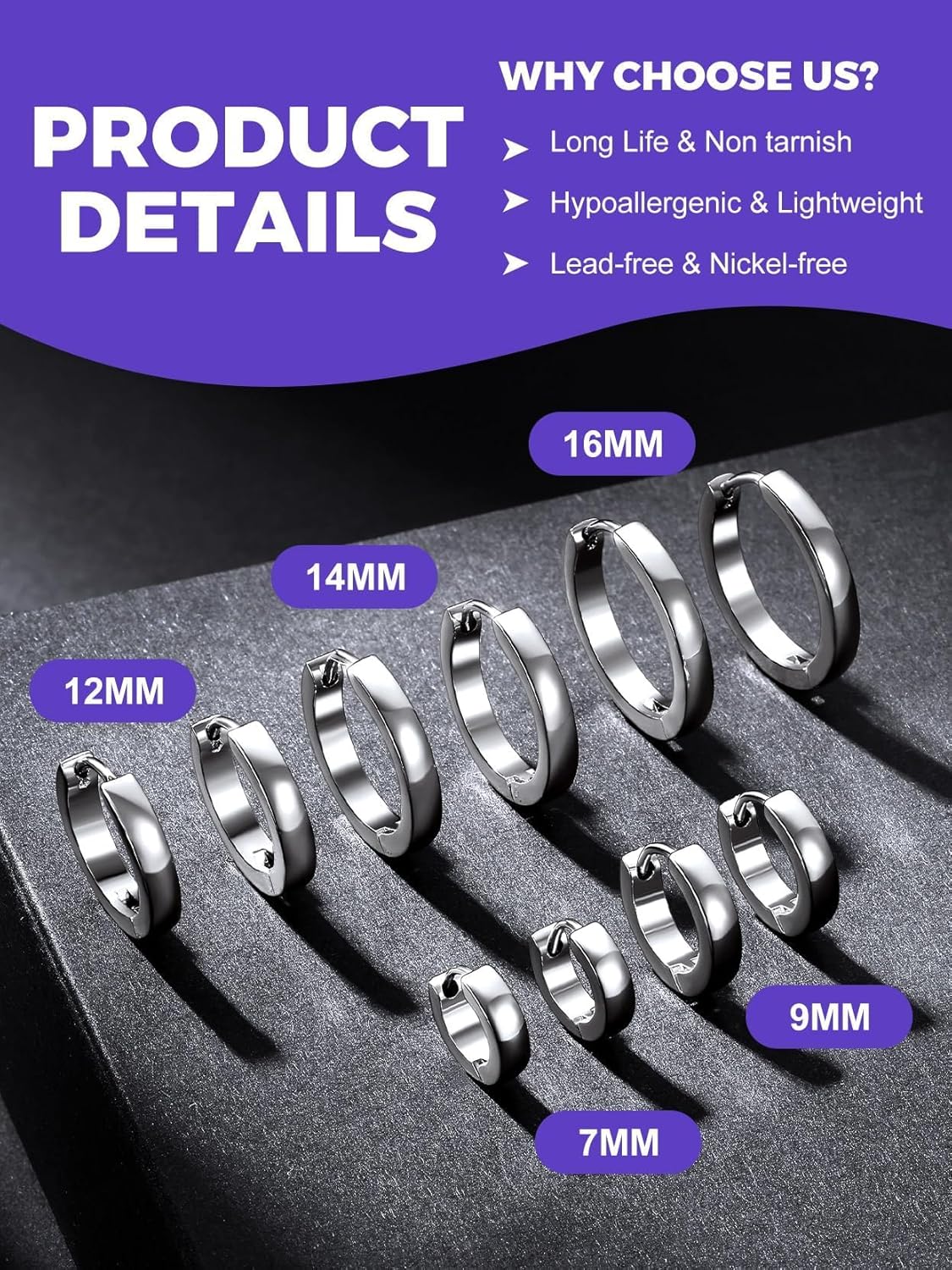 Richsteel Stainless Steel Small Hoop Earrings 3/5 Pairs Sets for Men Women, Hypoallergenic 316l Huggie Hoop Earring Gold/Silver/Black, Piercing Jewelry Set 7/9/12/14/16mm with Gift Box