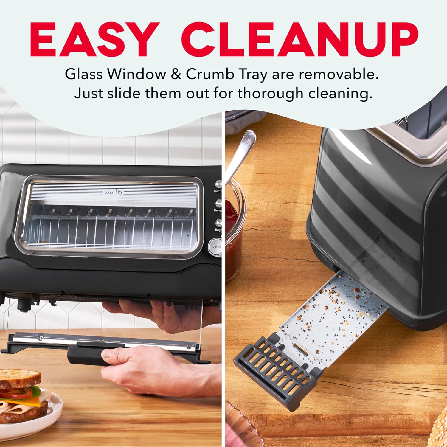 Dash Clear View Toaster showing removable crumb tray and glass panel