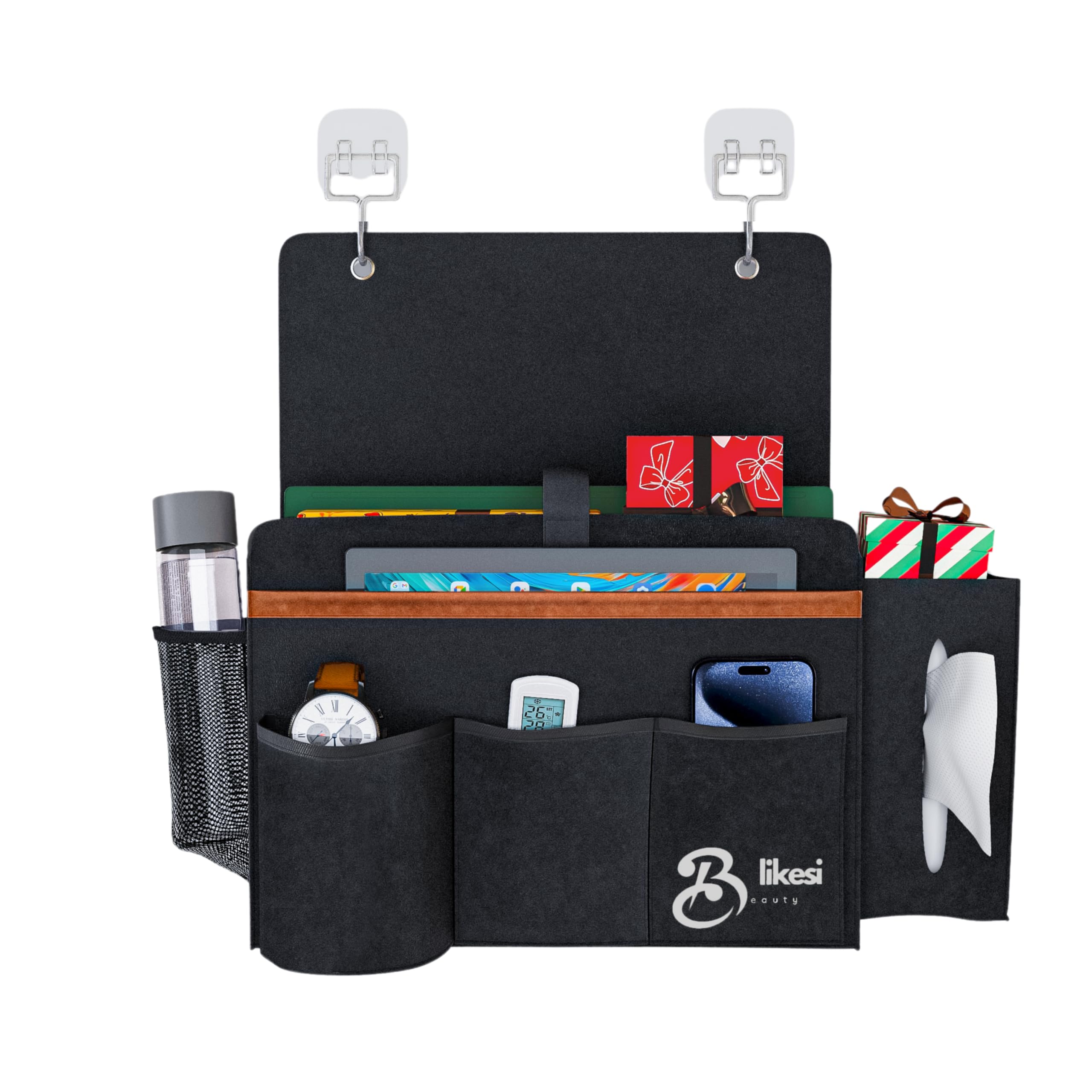 Blikesi- Bedside Caddy - Felt Dark Grey With 9 pockets – Wipes Holder - Bed Storage Organizer for Remote Control Holder, Gifts, Books, Phone, Tablet – Bed Pocket Organizer for Bed, Couch or Bunk
