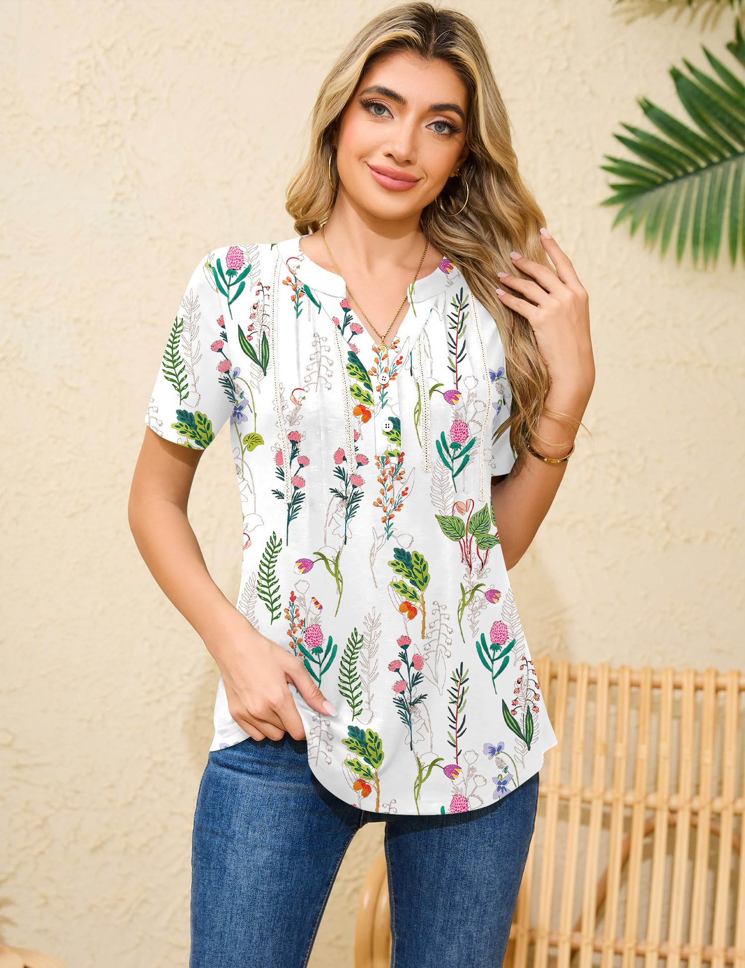 IECCP Top da donna a maniche corte con bottoni, tunica estiva con scollo a V, magliette casual plissettate alla moda camicette camicie