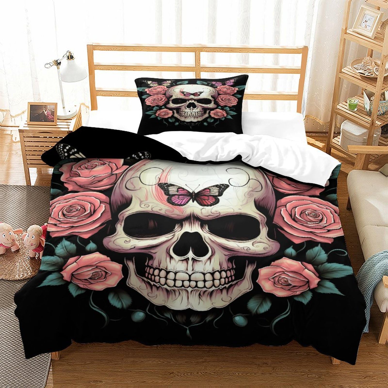 P1S9U7W5Y Gothic Skull Flowers 3D Printed Duvet Cover Set 3pcs Microfiber Butterfly Bedding Set Single