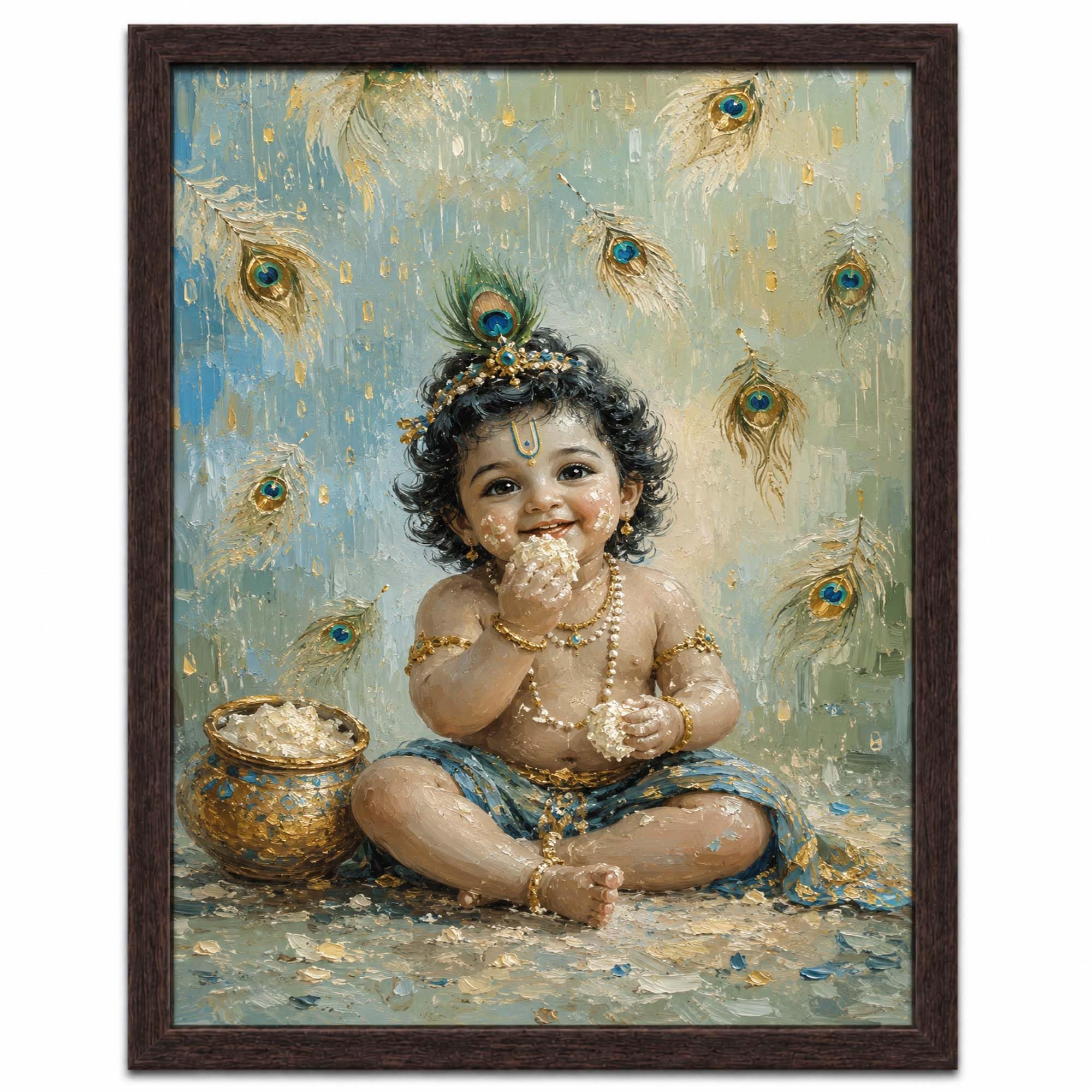 PAPER PAJAMA Baby Krishna Ladoo Gopal Photo Frame for Pregnant Women, Cute Bal Gopal Eating Butter Makhan Poster Painting, Radha Krishna Wall Photo Frame, Baby Boy Girl Room Decor, Pooja Room Wall Hanging-image-40