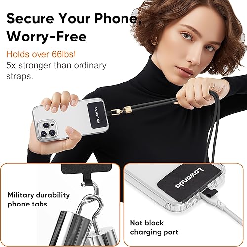 Miniatura 3 de Lawonda Cordón universal para teléfono celular con cordón cruzado ajustable de nailon desmontable y 2 piezas de parche negro y transparente para la