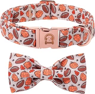 Halloween Dog Collar, Cute Halloween Pumpkin Football Fall Puppy Collar with Bowtie, Adjustable Cotton Pet Collar with Metal Buckle for Small Medium Large Dog