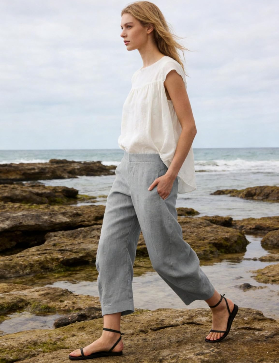 SeekMe Women's Cotton Linen Pants Barrel Leg Palazzo Elastic Waist Casual Capri for Beach Vacation - Image 5