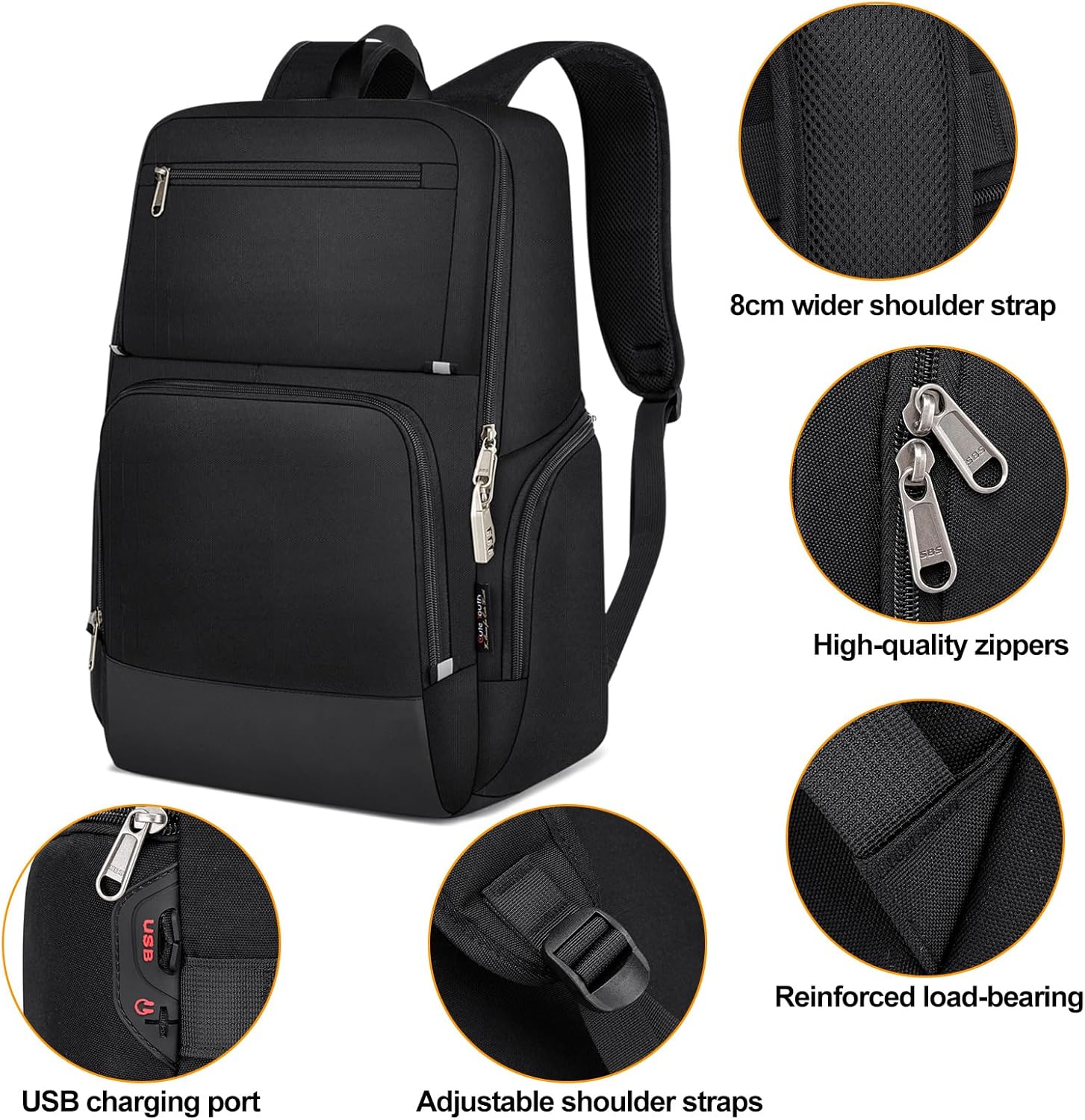 WYCY Laptop Backpack for Men - Holiday Gift, Anti Theft Computer Bag for Travel, Work, College, Leisure Daypack Backpack, Mochilas Para Hombres, 15.6 Inch, Black