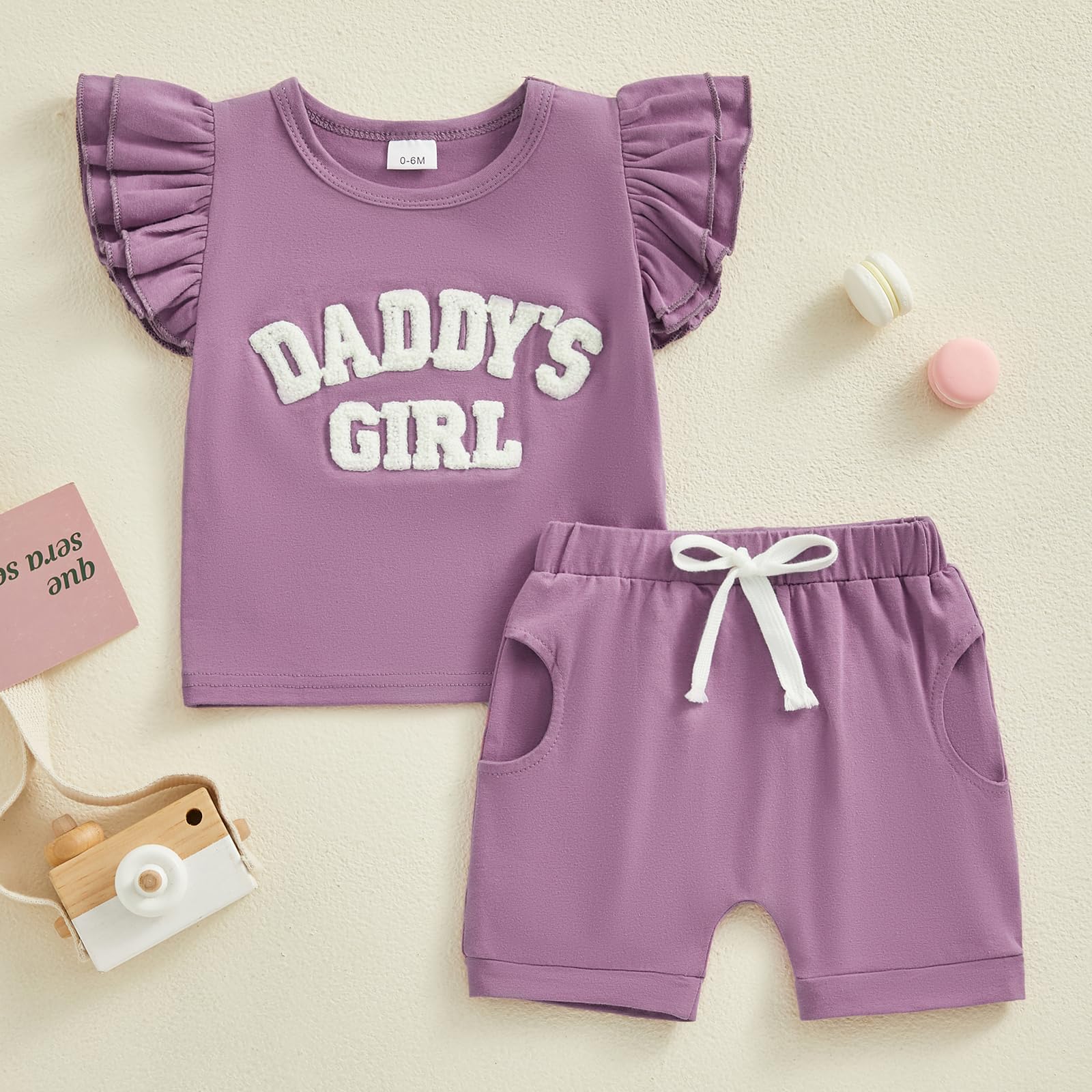 Ursobutegl Daddys Girl Toddler Baby Girls Short Set Ruffle Sleeve Letter Printed T-shirt Top Shorts 2pcs Summer Outfits (Purple-Shorts Set, 12-18 Months)