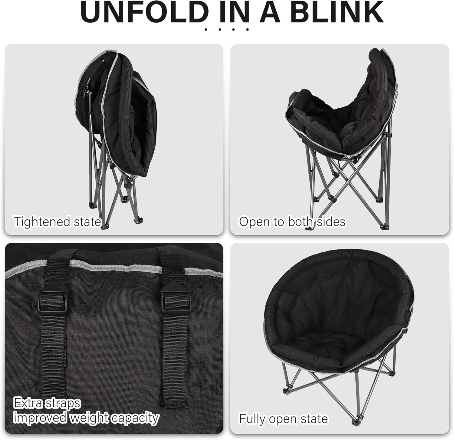 Oversized XXL Folding Round Camping Chair,Super Comfy Padded Moon Camp Chairs,Heavy Duty Supports 400 Lbs Outdoor Lawn Chairs for Adults,Perfect for Indoor,Family Camping,Picnics and Garden,Black