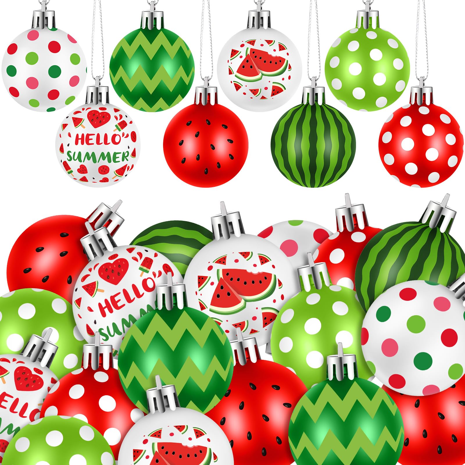 24 Pcs 1.57 Inch Summer Tree Ornaments Watermelon Decorative Hanging Ornaments Watermelon Summer Ball Ornaments Plastic Watermelon Hanging Decors for Party Supplies Door Wreath Garland Gift
