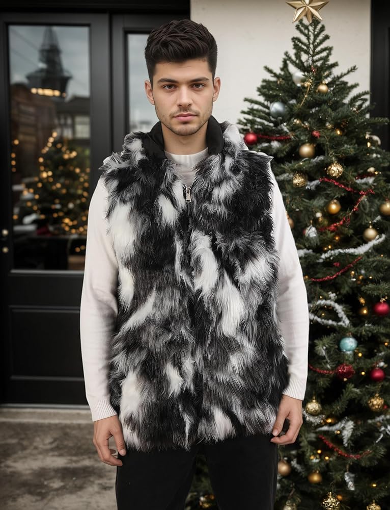 Idopy Men`s Luxury Faux Fur Hoodie Coats Sleeveless Jacket Vest