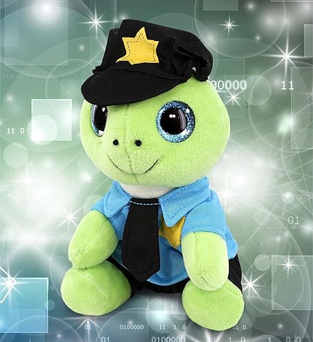 Miniatura 6 de DolliBu Juguete de peluche de oficial de policía de ojos brillantes de tortuga verde, animal de peluche súper suave con lindo uniforme de policía y