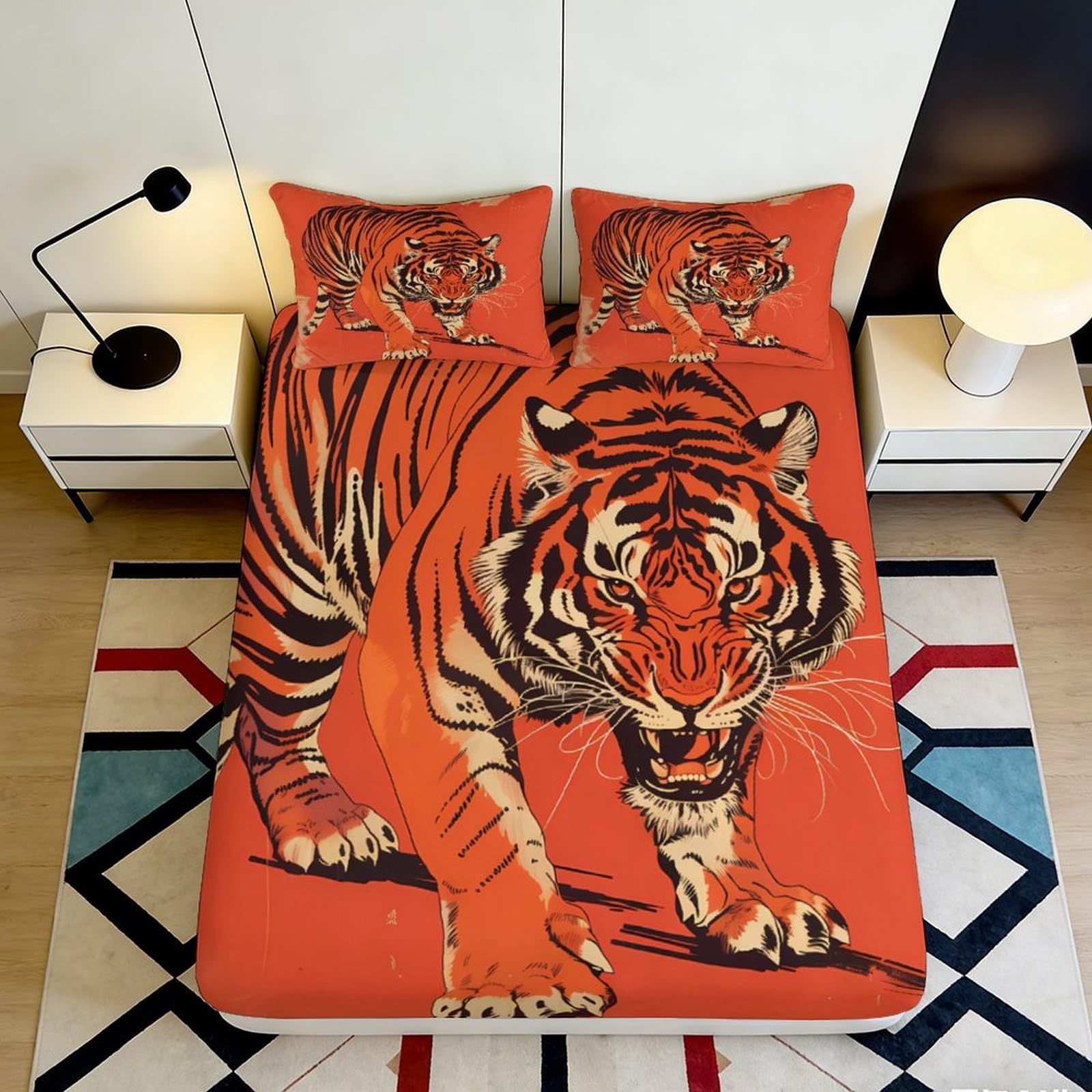 3D Printed Tiger Pattern Fitted Sheet Microfiber Durable Soft 3D Printed Bengal Cat Mattress Cover for Bedroom Dormitory Guest Room Mattress Protection 140x200x25cm