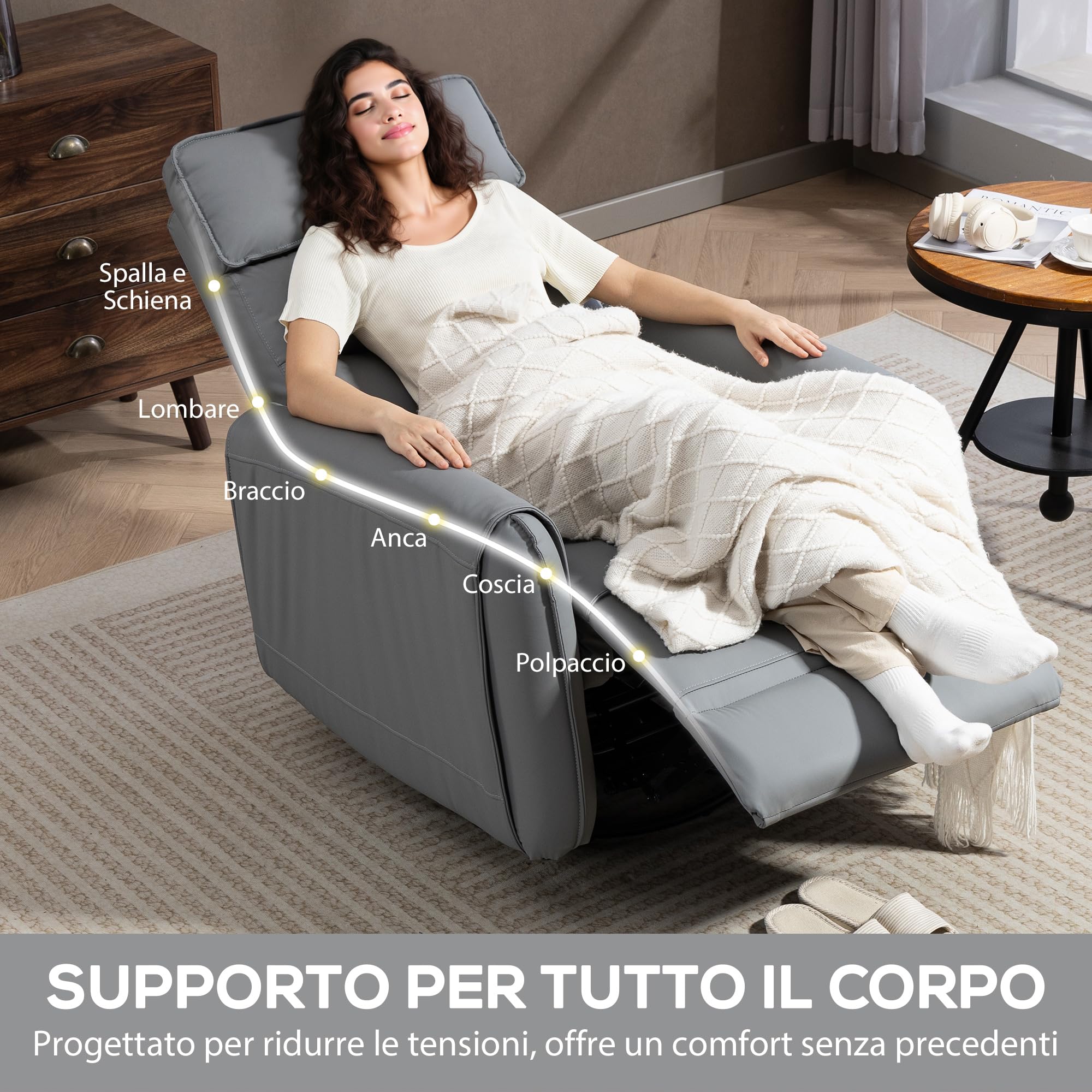 HOMCOM Poltrona Relax Reclinabile Manuale 135° con Poggiapiedi, Grigio | Seduta Ampia, Poltroncina Reclinabile Imbottita Girevole con Dondolo, Tessuto Effetto Pelle Traspirante, Salotto Soggiorno