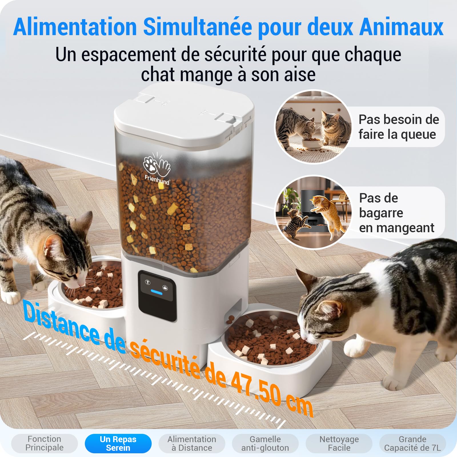 Frienhund Distributeur Croquettes Chat Automatique Double avec Alimentation Lente: 7L Gamelle Chat Automatique pour 2 Bols, WiFi 5G Distributeur Croquette Chien avec Alexa, Détachable