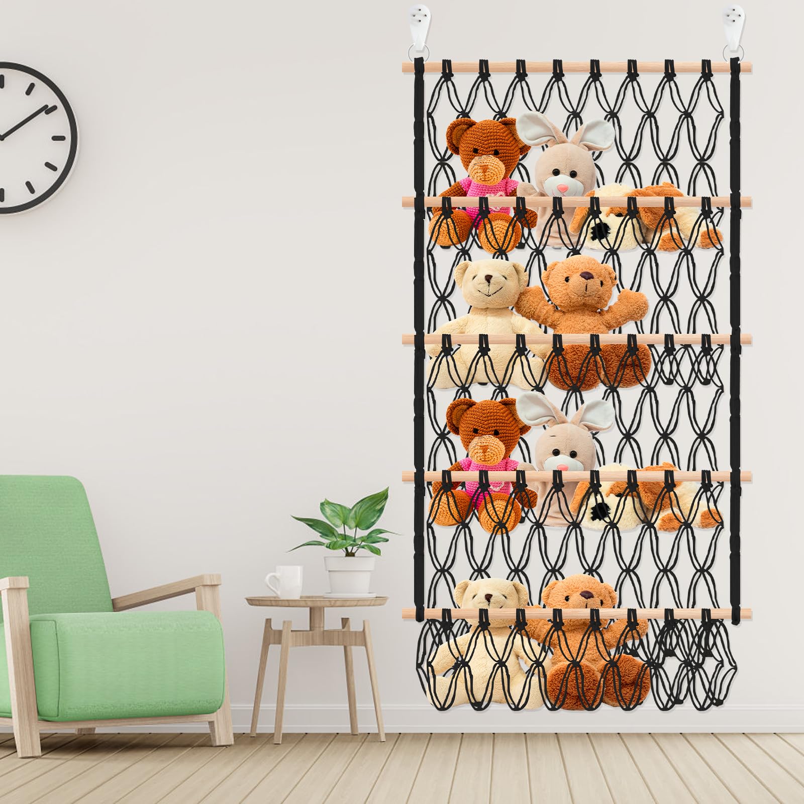NIHUIFDPY 4-Layer Large Capacity Stuffed Toy Hammock Organizer, Versatile Plush Toy Storage with 2 Hooks, Stable Stuffed Animals Holder for Kindergarten Playroom Bedroom (Black)
