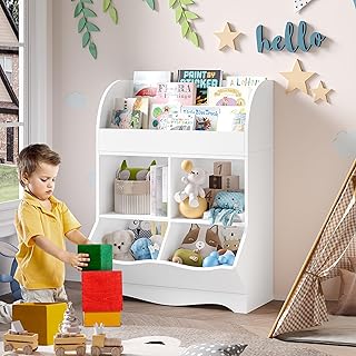 HOCSOK Kid’s Toy Storage Unit, Children\'s Toy Box Organiser with Bookshelf and 4 Storage Compartments, Large Bookshelf Rack Cabinet for Nursery, Kindergarten, Playroom, White