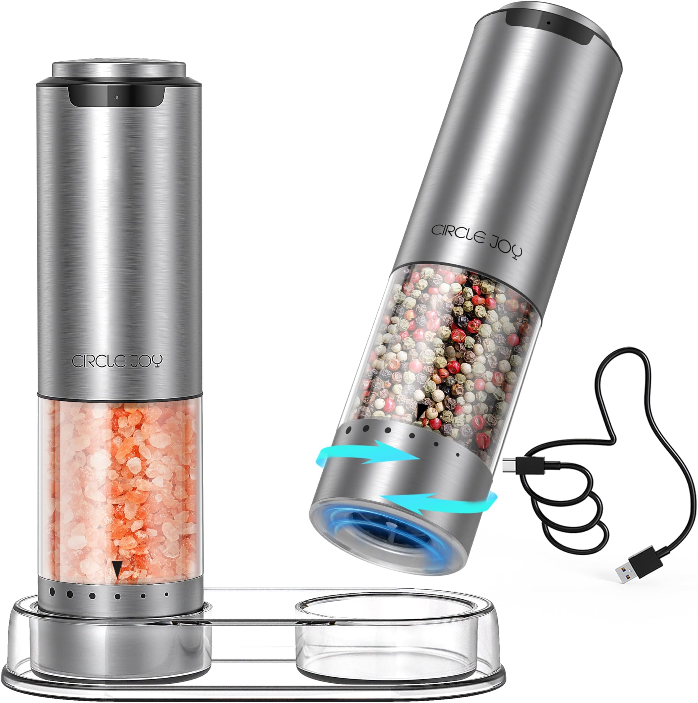 Rechargeable Electric Salt and Pepper Grinder Set with Base, Stainless Steel Pepper Mills with Washable 95ml Container, White LED Light and External Adjustable Coarseness, Silver