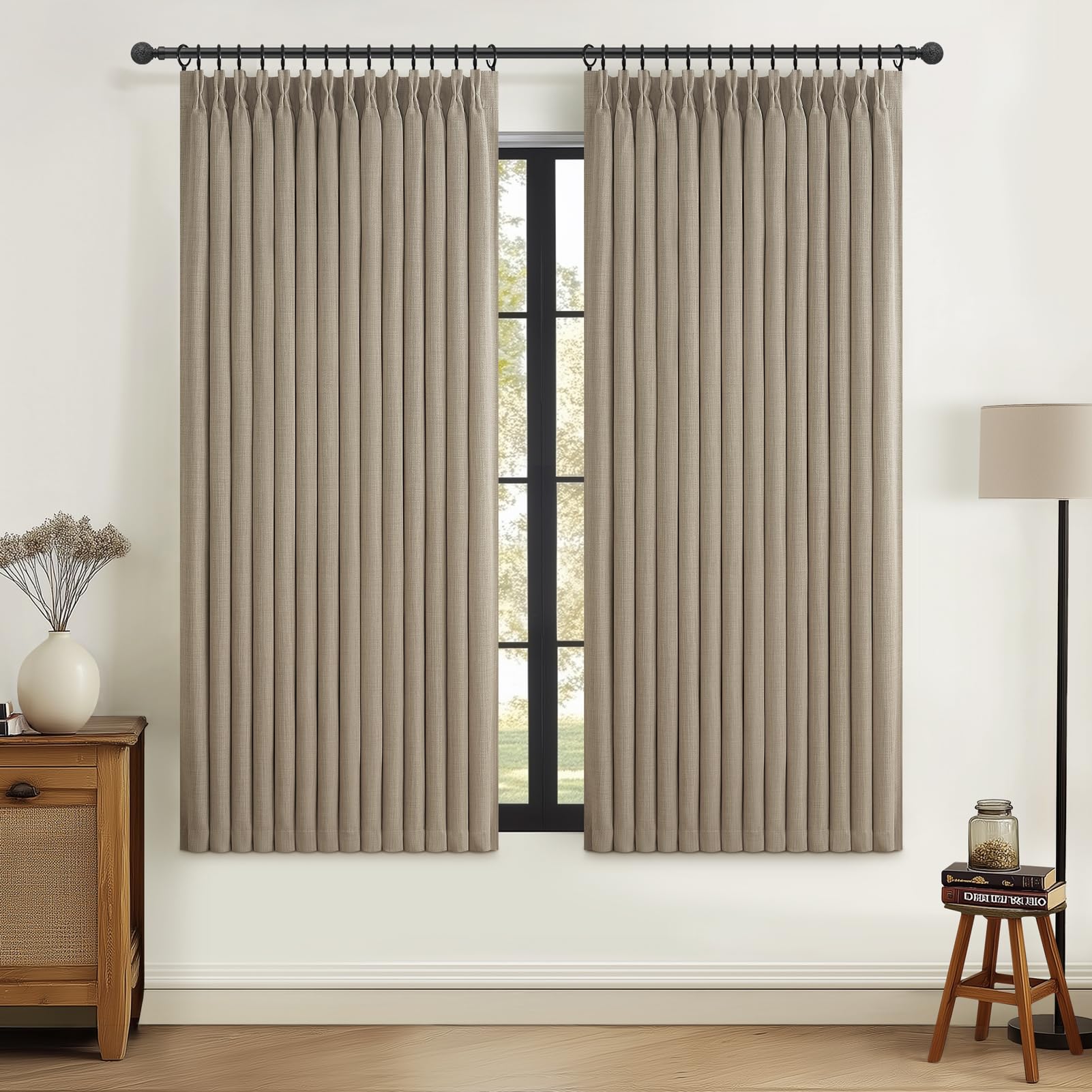 PleatedDrapes Black Out Curtains 63 Inch Long for Kitchen Windows 2 Panels, Cream Beige Double Layer Thick Linen Short Bohemian Pinch Pleated Curtain Thermal Energy Efficient Cafe Mini Burg 40"Wx63"L