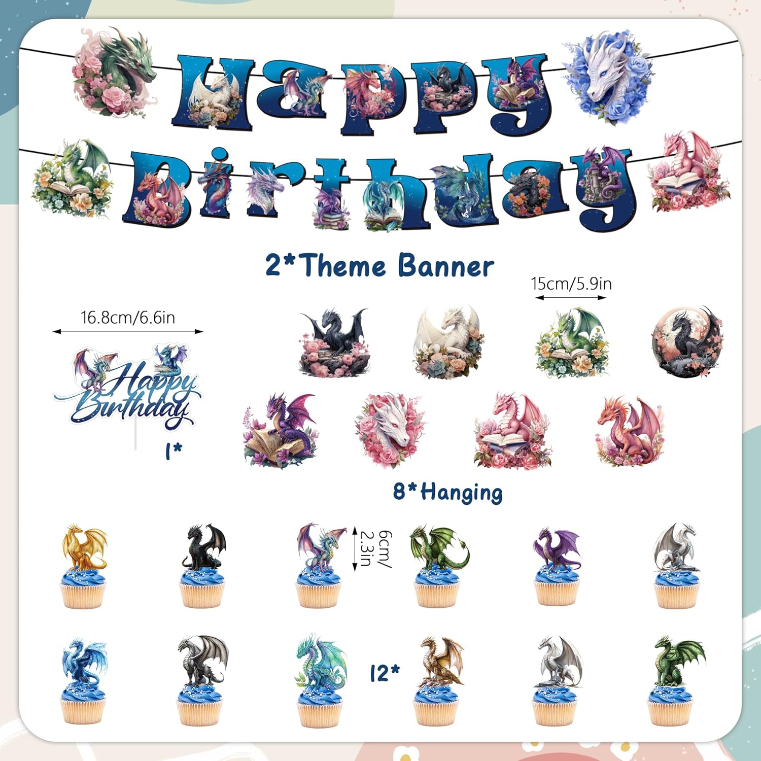 Dragon Birthday Party Decorations Supplies - 23 Pcs Dragon Theme Banners Hanging Swirlss Cake Toppers Cupcake Dinosaur Book Flower Decoration Set for Kids Boys Girls Birthday Party Ceiling Decor - Image 2