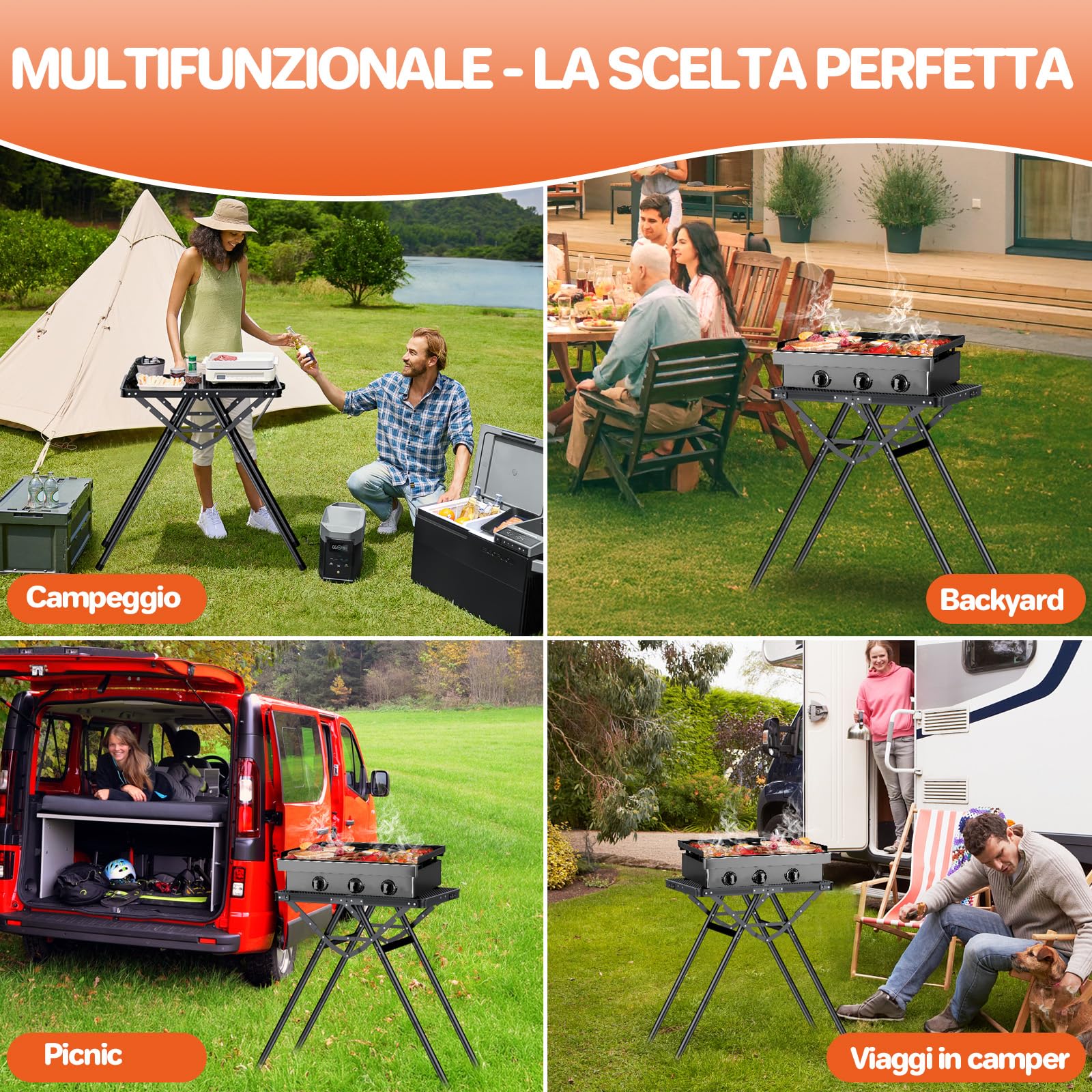 FUNYKICH Tavolo da Campeggio Pieghevole 60x40 cm,Tavolo da Barbecue Portatile a Forma di X con Maniglia di Trasporto e Altezze Regolabili,Capacità di Carico 80 KG,per Giardino/Picnic/Balcone