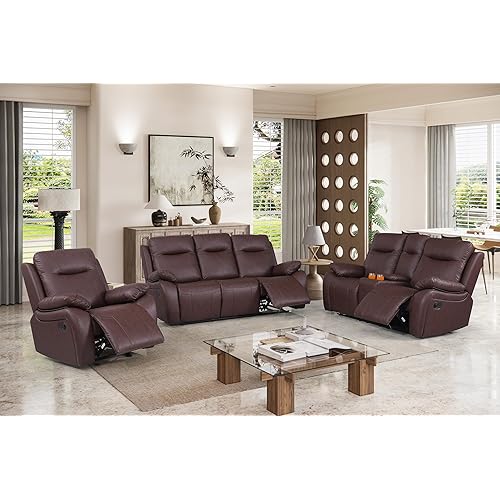 Manual Recliner Sofa Set, 3 Pieces Leather Recling Sofa Furniture Living Room Set, Brown Home Theater Seating Included Reclining Chair, Loveseat, 3-Seat Sofa with Console Storage (1+2+3)