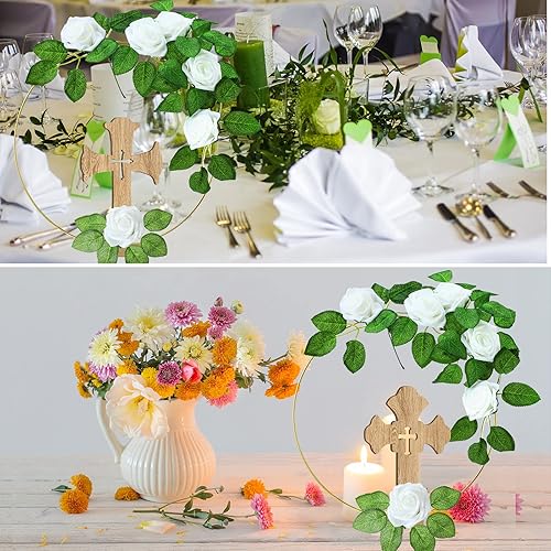 Miniatura 5 de LEIFIDE 40 piezas de centros de mesa de bautismo, corona de la primera comunión con 8 anillos de aro florales de metal dorado, 8 cruz de madera de