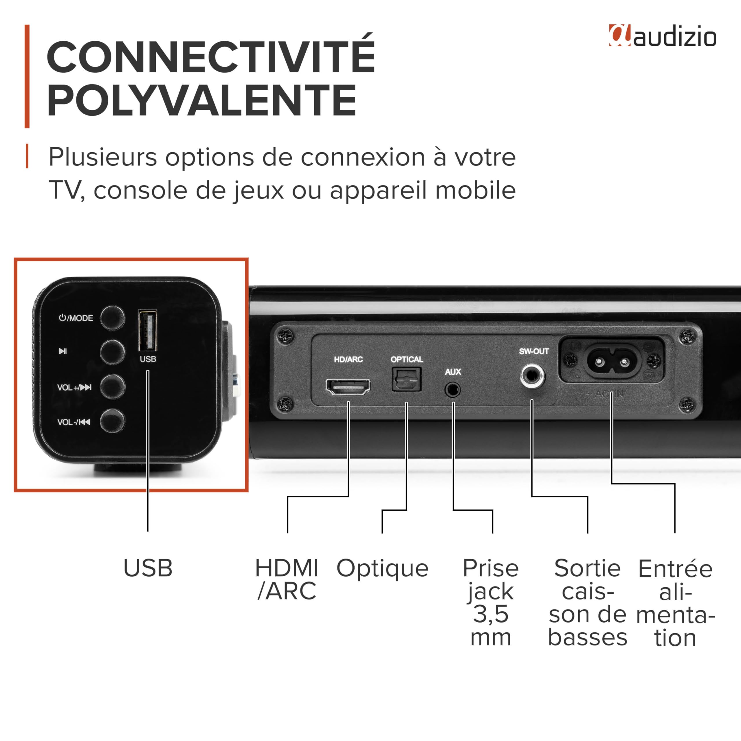 Audizio SB82S Barre De Son avec Caisson de Basse Filaire Bluetooth 5.3 HDMI Arc 120W, Soundbar 2.1 80 cm Optique, USB, AUX, Son TV Plus Puissant avec des Basses Profondes, Films, Musique et Jeux