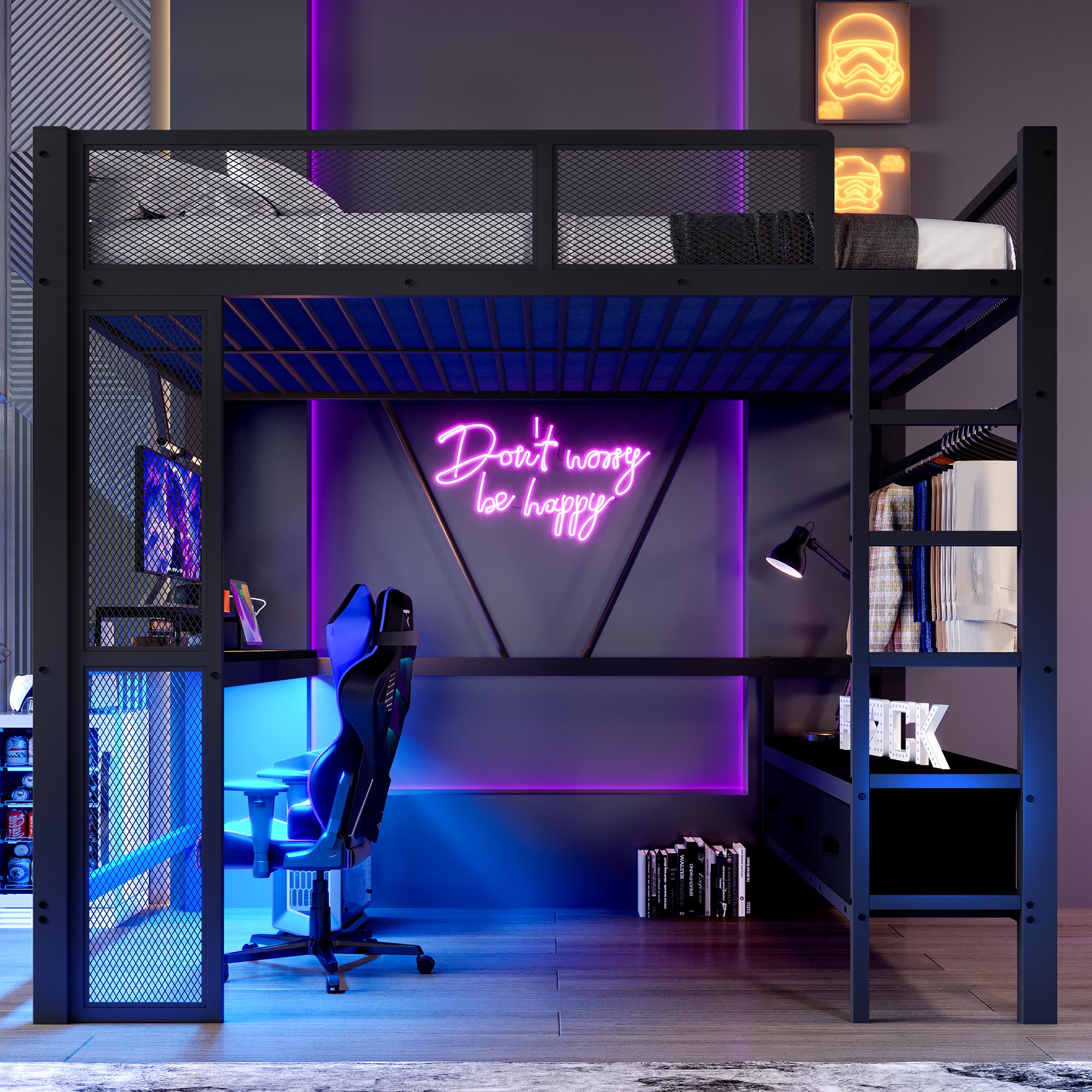 Lit Mezzanine 140x200 cm avec Port USB et Eclairage LED, Lit Bureau avec Armoire Ouverte et 3 Tiroirs à Linge, Lit Hauteur Enfant avec Bureau en Métal, Gain de Place (Noir)
