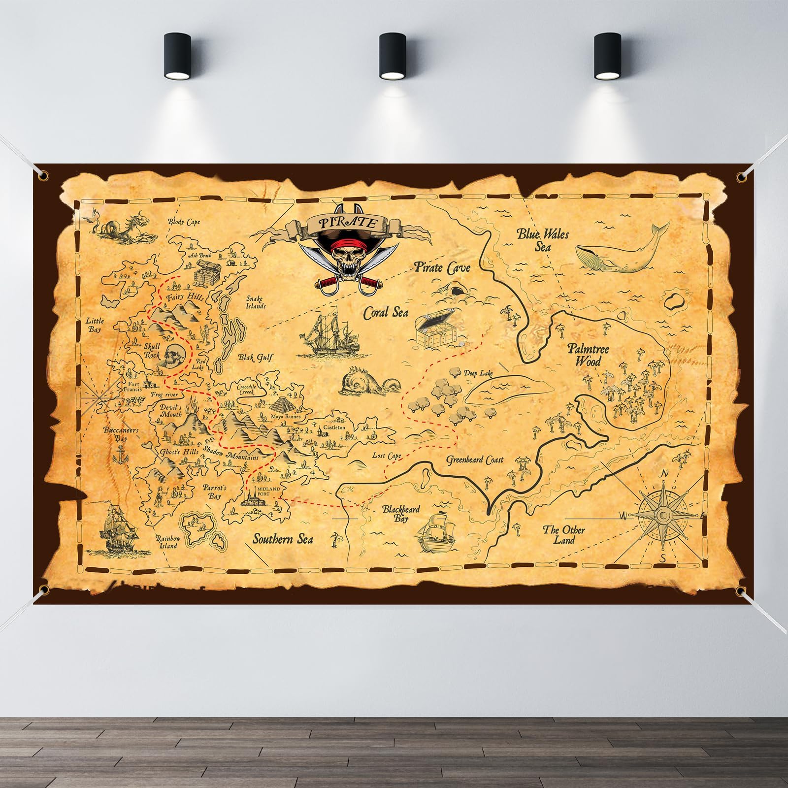 Pirate Treasure Map Backdrop Background Island Treasure Map Banner Nautical Wall Tapestry Hanging Decoration for Treasure Hunt Theme Birthday Party Photo Shooting Booth Props with Pirate Eye Patch