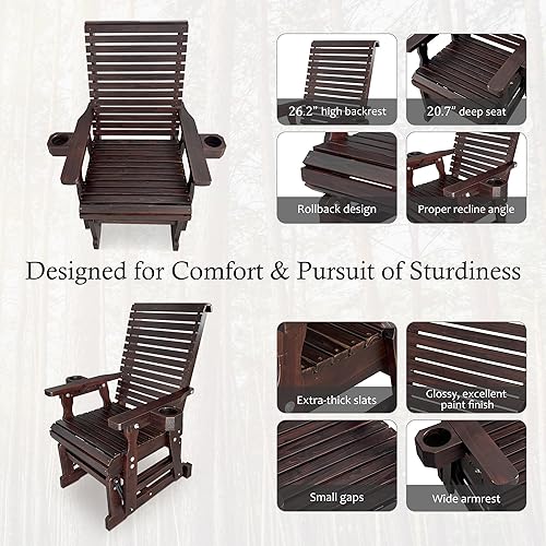 Miniatura 5 de Fortune Candy Planeador de madera para patio para una persona, con respaldo alto y asiento contorneado profundo, madera de abeto maciza, resistente