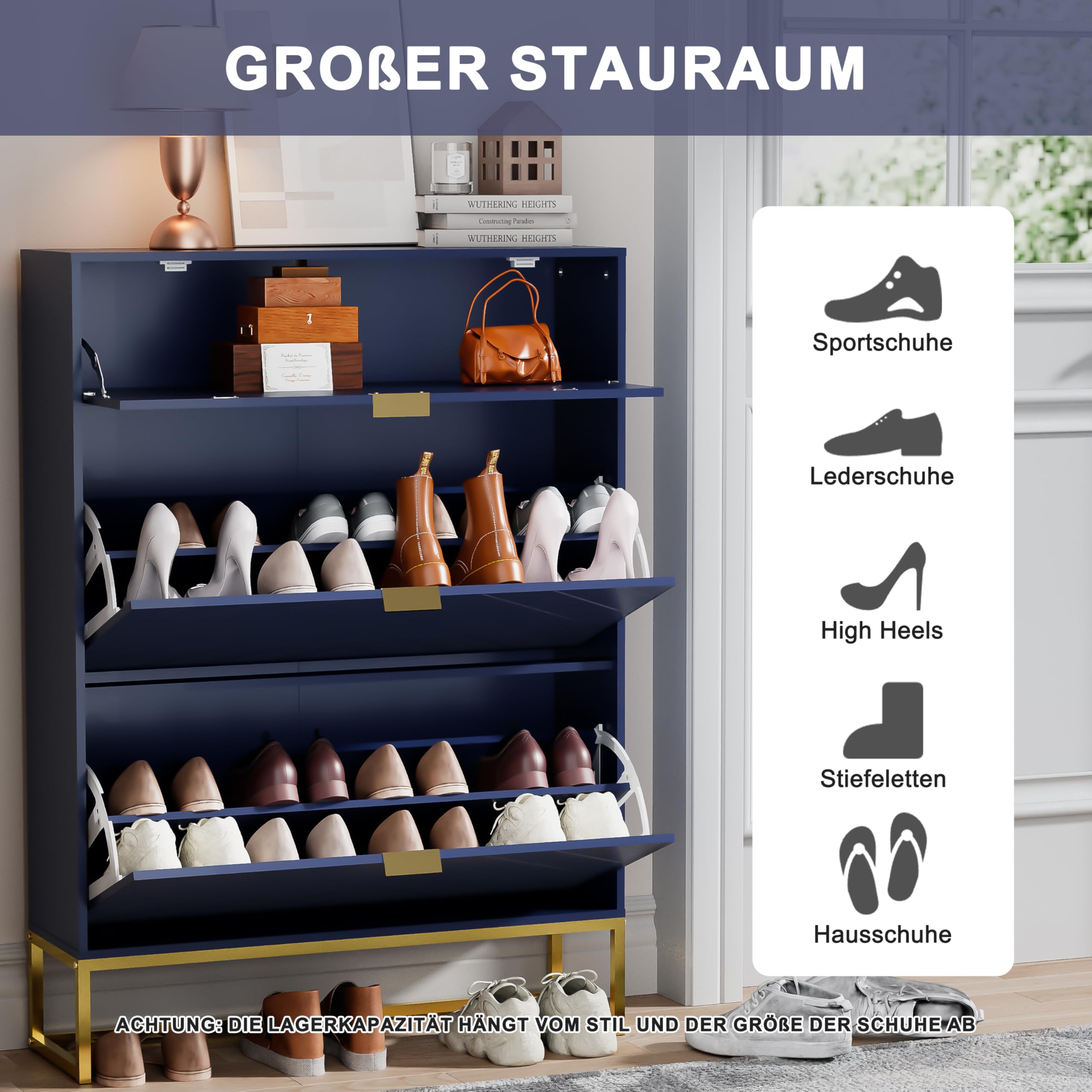 UEV Schuhschrank mit 3 Klappen schmal Schuhablage Schuhkommode Schuhregal Schuhkipper Platzsparend, mit Kippschutz/Trennwand verstellbar für Wohnzimmer Flur, 80x24x122cm, Blau