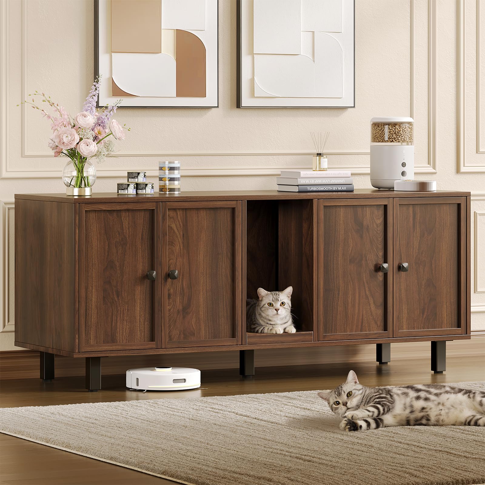 59 Inches Cat Litter Box Enclosure, Hidden Litter Boxes Furniture with Cat Scratch Pad, Large Indoor Pet House with Double Room for 2 Cats, TV Stand Storage Cabinet, Walnut