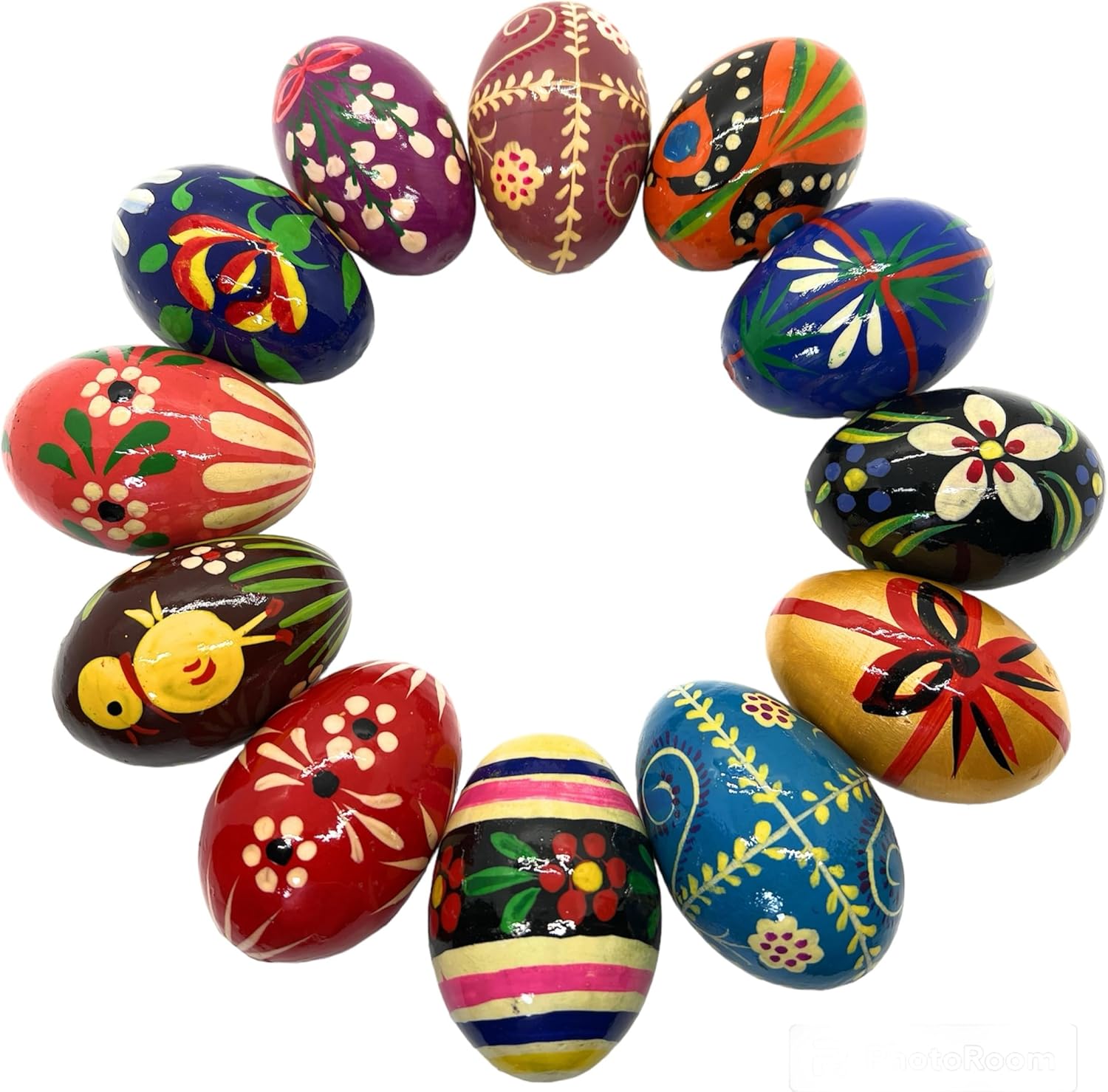 Hand Painted 13 Wooden Easter Eggs, 3 inches, ecofriendly and Lightweight, Kids Friendly, pisanki Style, Baker's Dozen (Set B)