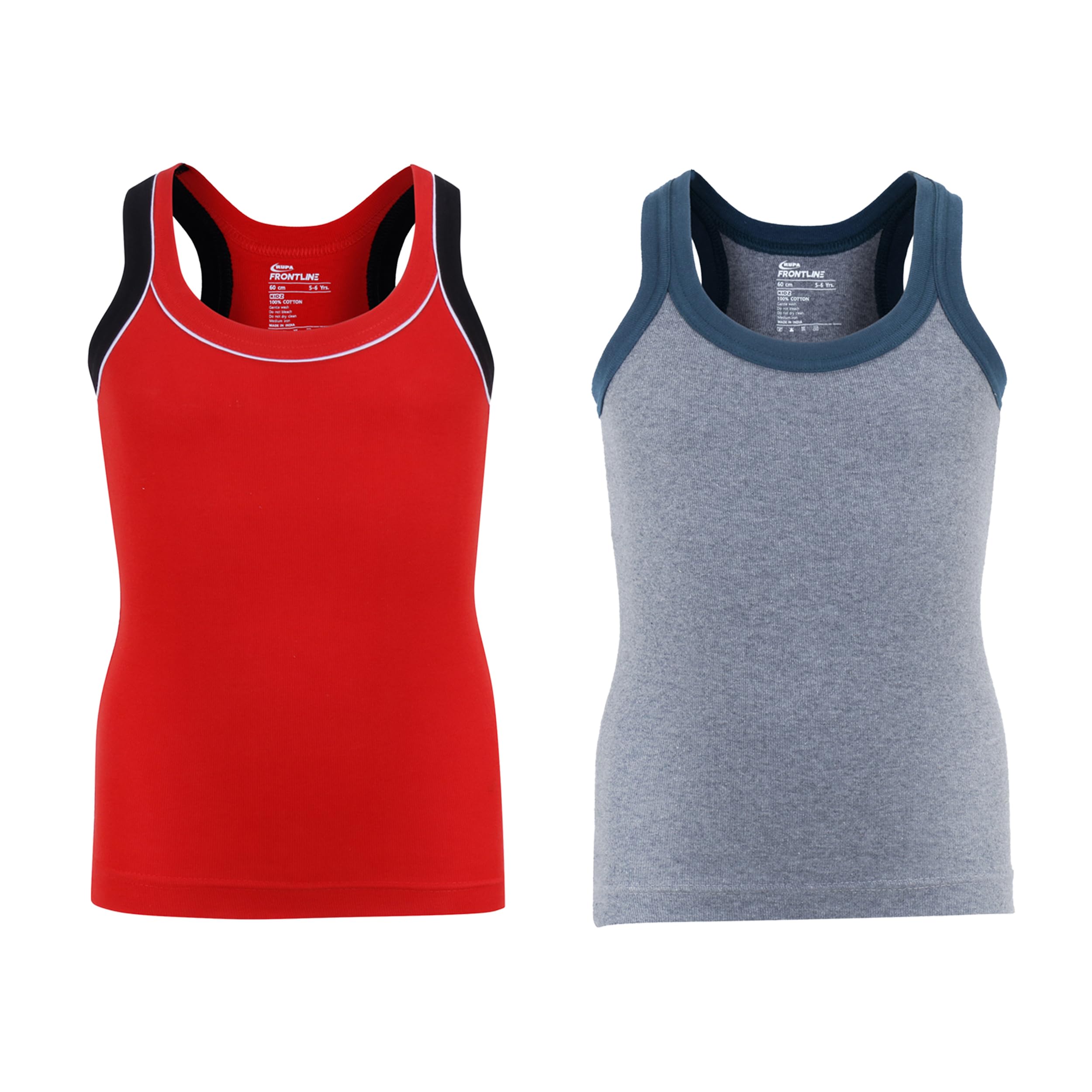 RUPA FRONTLINE Sleeveless Gym Vest for Boys, 100% Cotton Material, Round Neck, Regular Fit, Pack of 2