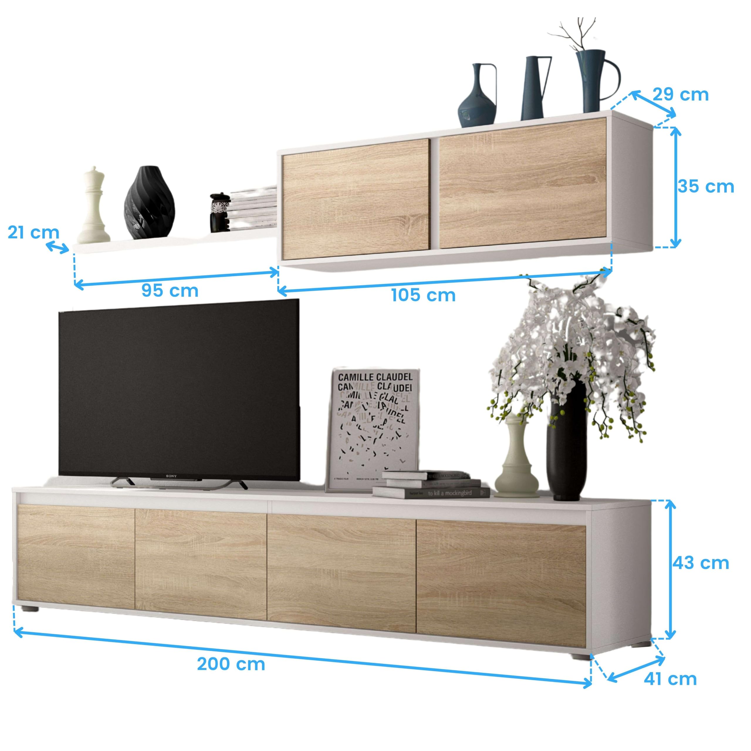 Miroytengo Pack de Muebles de Salón Estilo Nórdico en Color Blanco y Roble Claro con Modulo de TV, Mesa de Centro y Mesa de Comedor