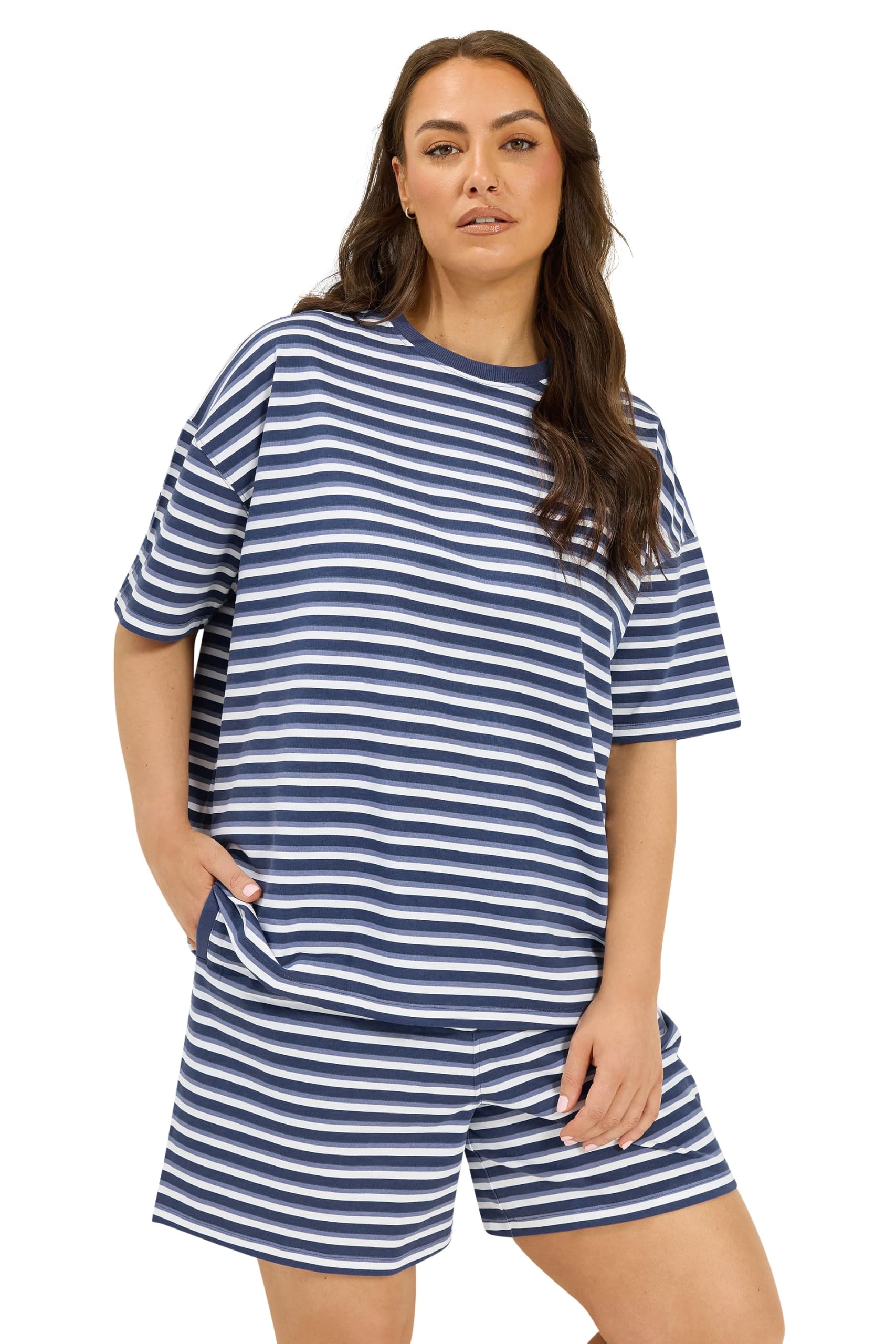 Yours Women's Blue Stripe T-Shirt & Shorts Co-Ord In Size 18