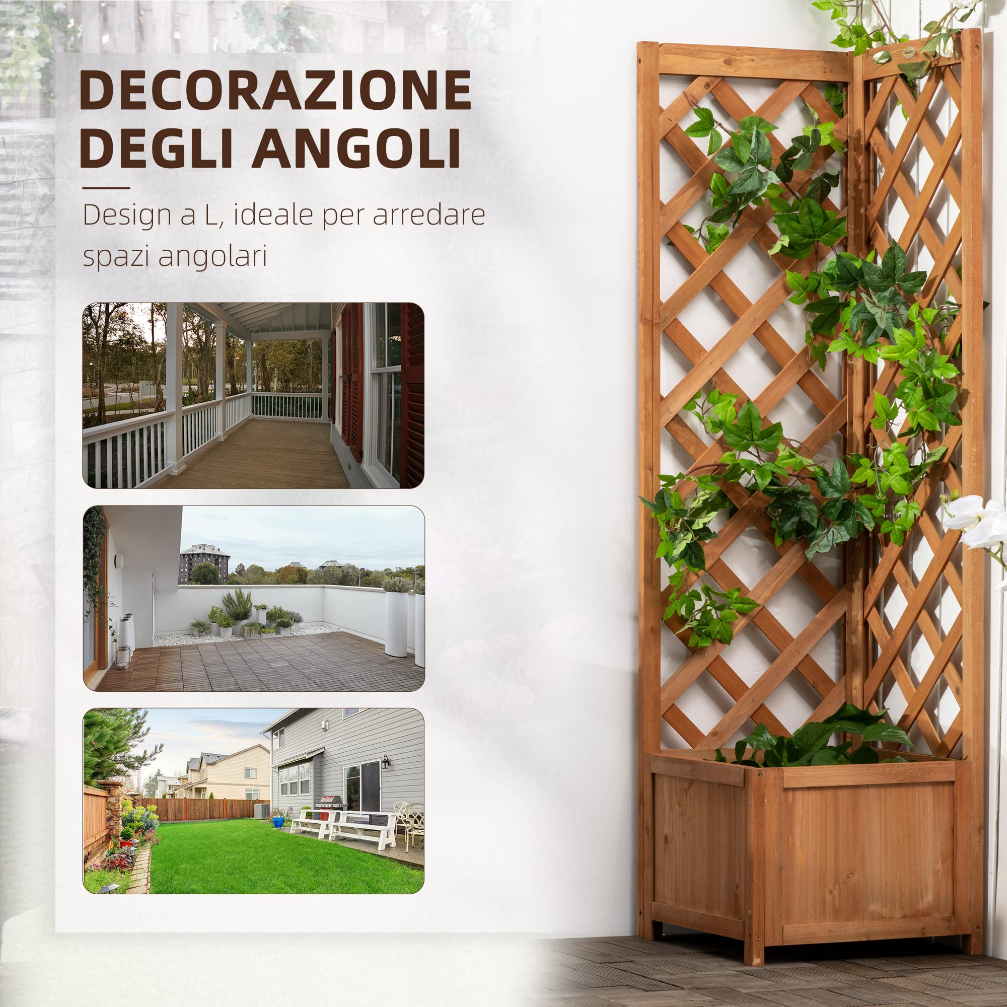 Outsunny Fioriera da Giardino a Fondo Cavo in Legno di Abete Marrone con Grigliato per Rampicanti e Decorazioni, 40x40x145 cm