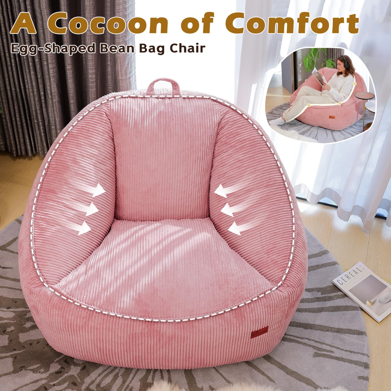 Sitzsack mit Memory-Foam-Füllung, Großer Cord Sitzsack für Erwachsene & Kinder, Bequemer Boneless Bean Bag mit Tragegriff für Wohnzimmer, Schlafzimmer, Gamingzimmer, Büro & Balkon(Rosa-M)