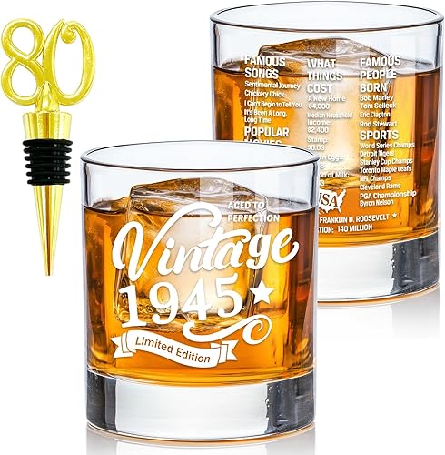 Vasos antiguos de 1944 Vintage 1944 Old Time Information 10.25oz Whiskey Rocks Glass 80 cumpleaños envejecido a la perfección Regalos de 80 años