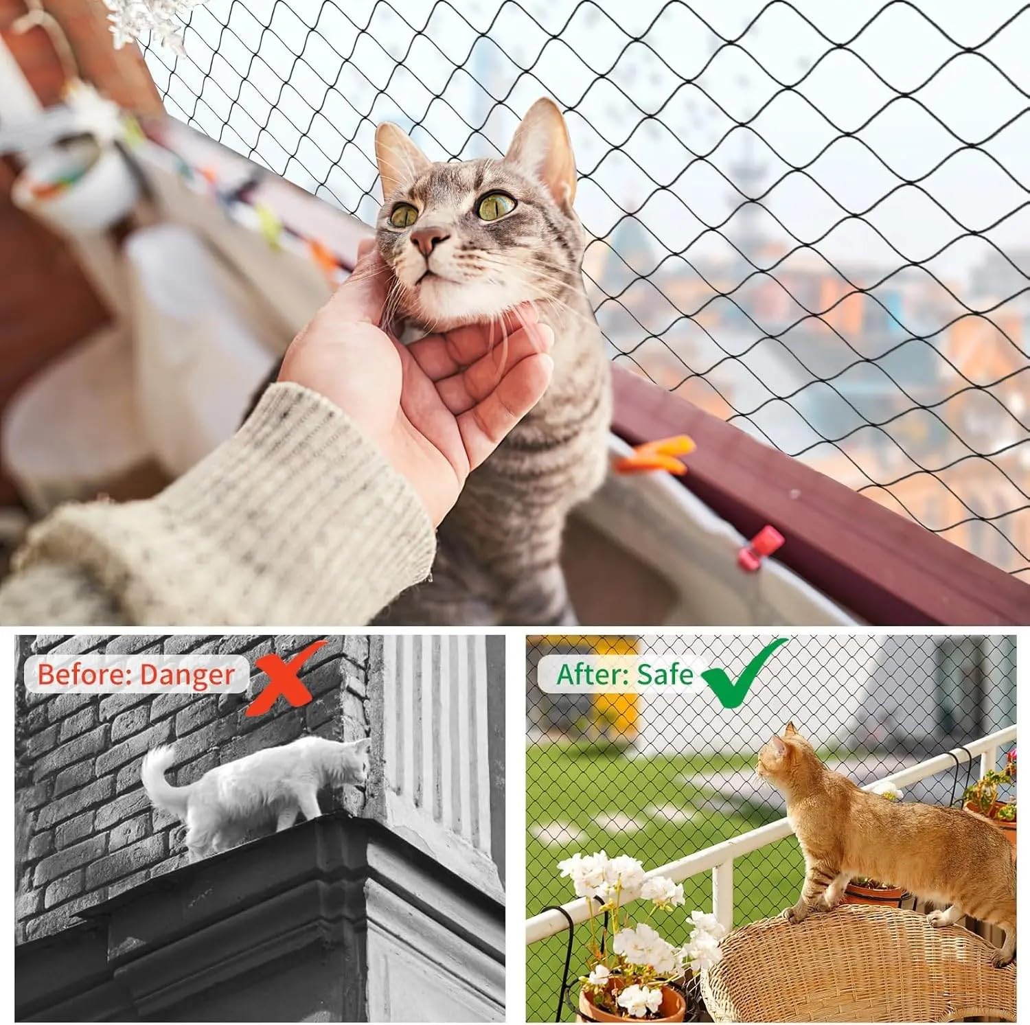 Rete per gatti per balcone, finestra, filo rinforzato, robusta rete di protezione per gatti, 2 x 3 m