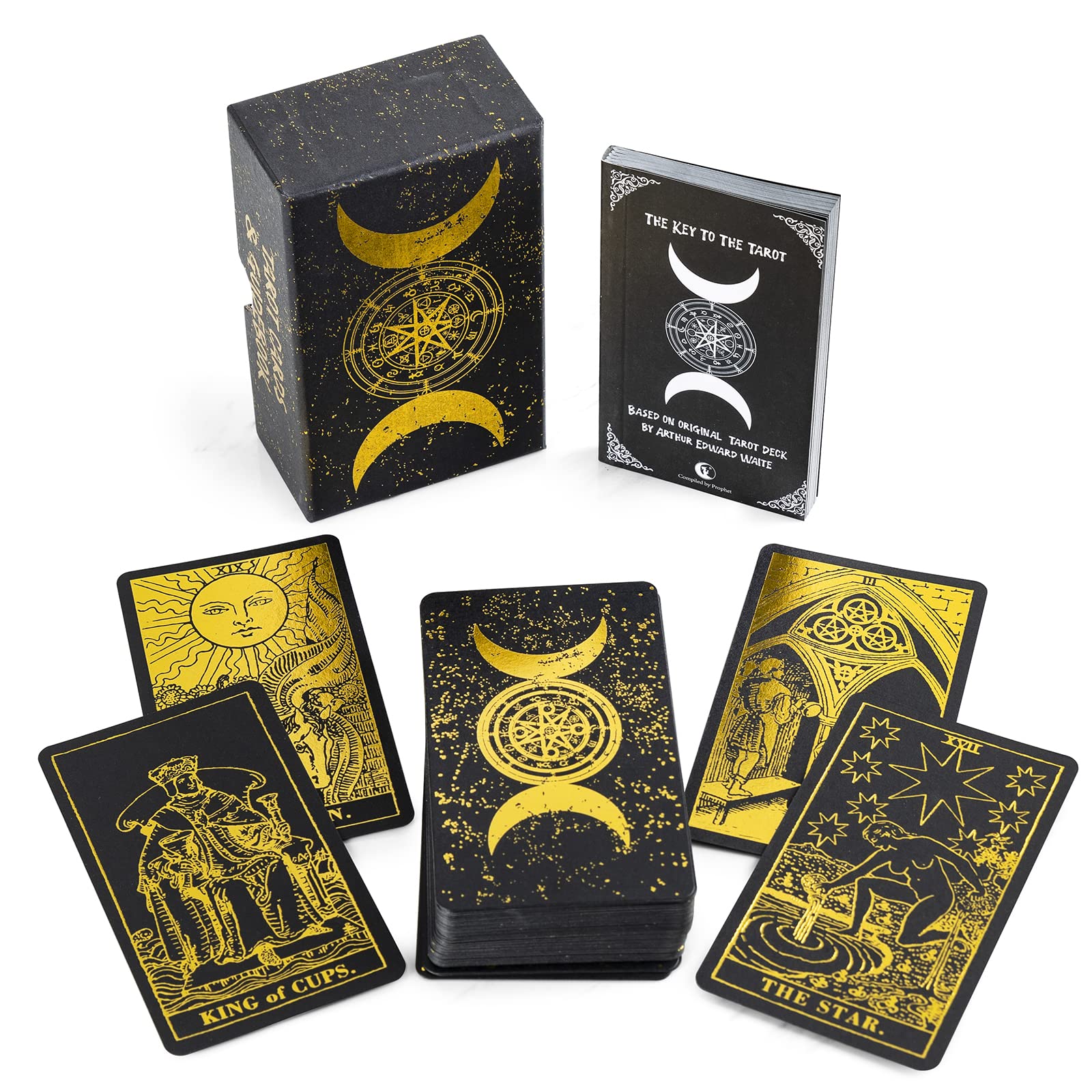 Prophet Gold Foil Tarot Cards Deck,78 Original Cards Fortune Telling Game with Guide Book for Beginners,Tarot Cards Standard Size4.75" x 2.76" (Black/Gold)