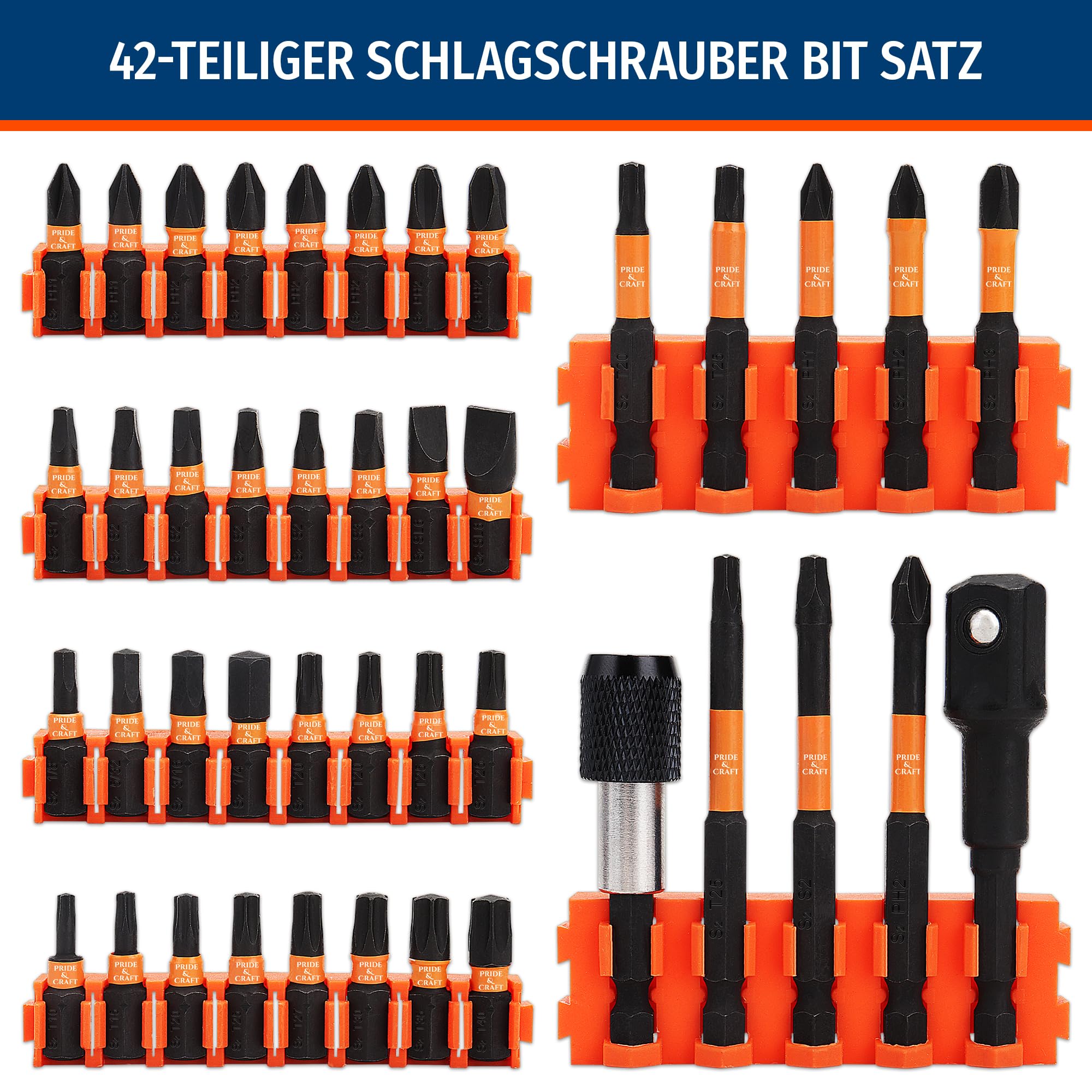 PRIDE&CRAFT 42-teiliger Schlagschrauber-Bit-Satz – S2 Stahl, Magnetisch, Mit Aufbewahrungskoffer
