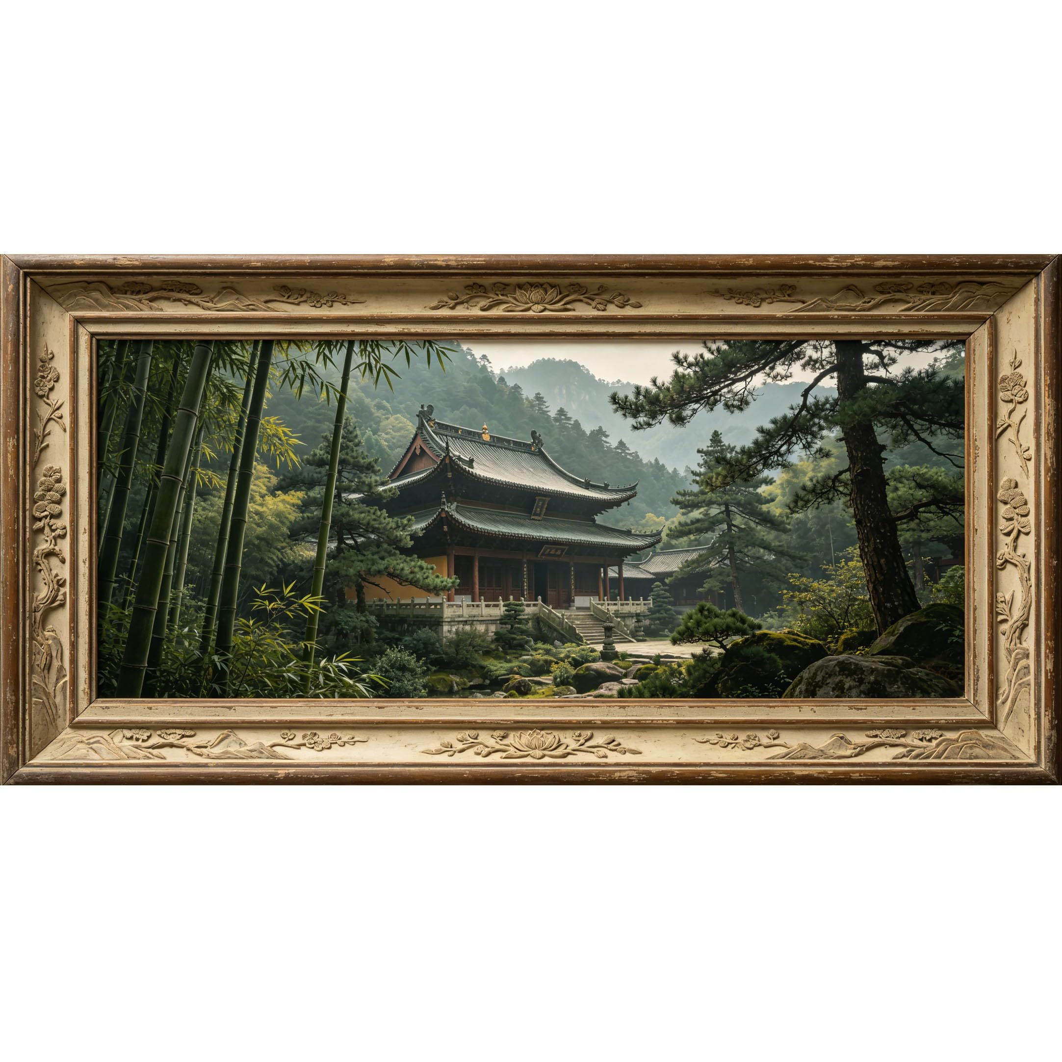 Agglomerix 3D Framed Wall Art Asian Temple Zen Landscape Pine Bamboo Mountain Nature Large Size SelfAdhesive Removable Wall Decor Prints Artwork for Living Room Bedroom Office
