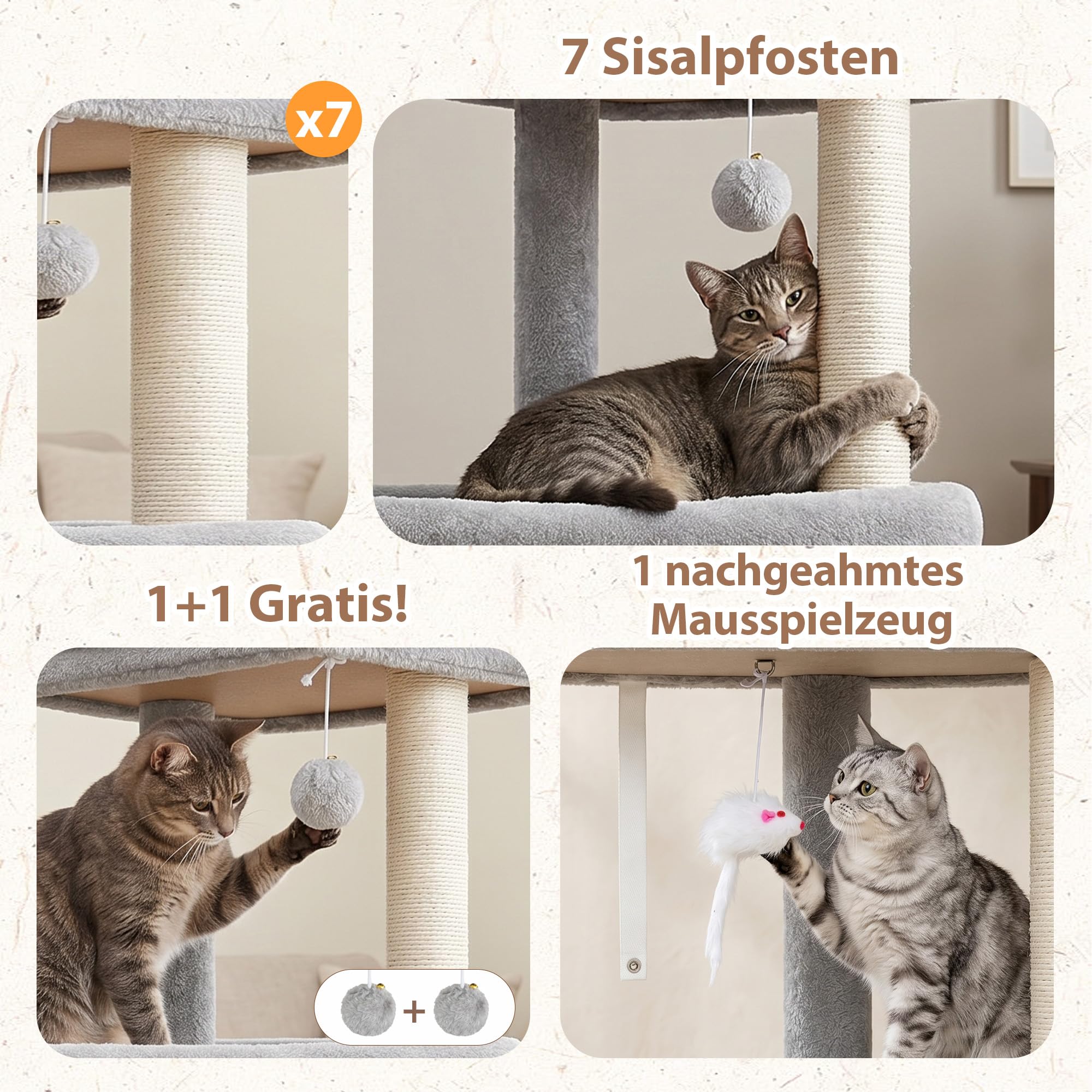Gitelsnour Kratzbaum stabil, 181 cm hoher Katzenbaum für große Katzen mit 2 Katzenhöhlen, 3 Aussichtsplattformen und 2 Hängekörben, vollverkleidete Sisal-Kratzsäulen & Spielzeuge, Hellgrau GCT801W