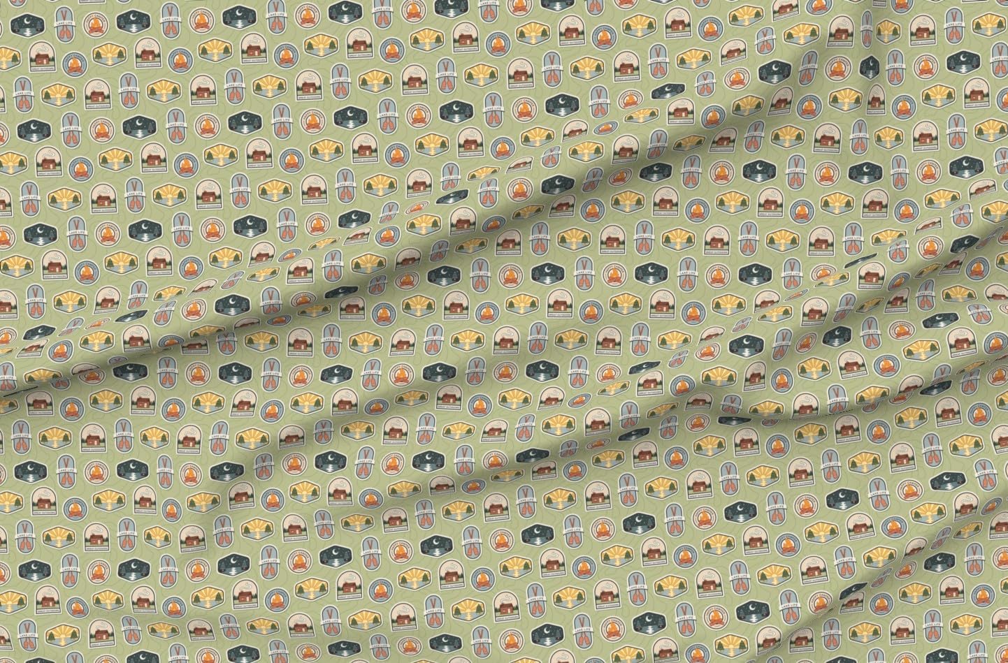 Spoonflower Fabric - Sun Moon Outdoor Camping Cabin Badge Campfire Lake Life Landscape Printed on Petal Cotton Fabric Fat Quarter - Sewing Quilting Apparel Crafts Decor
