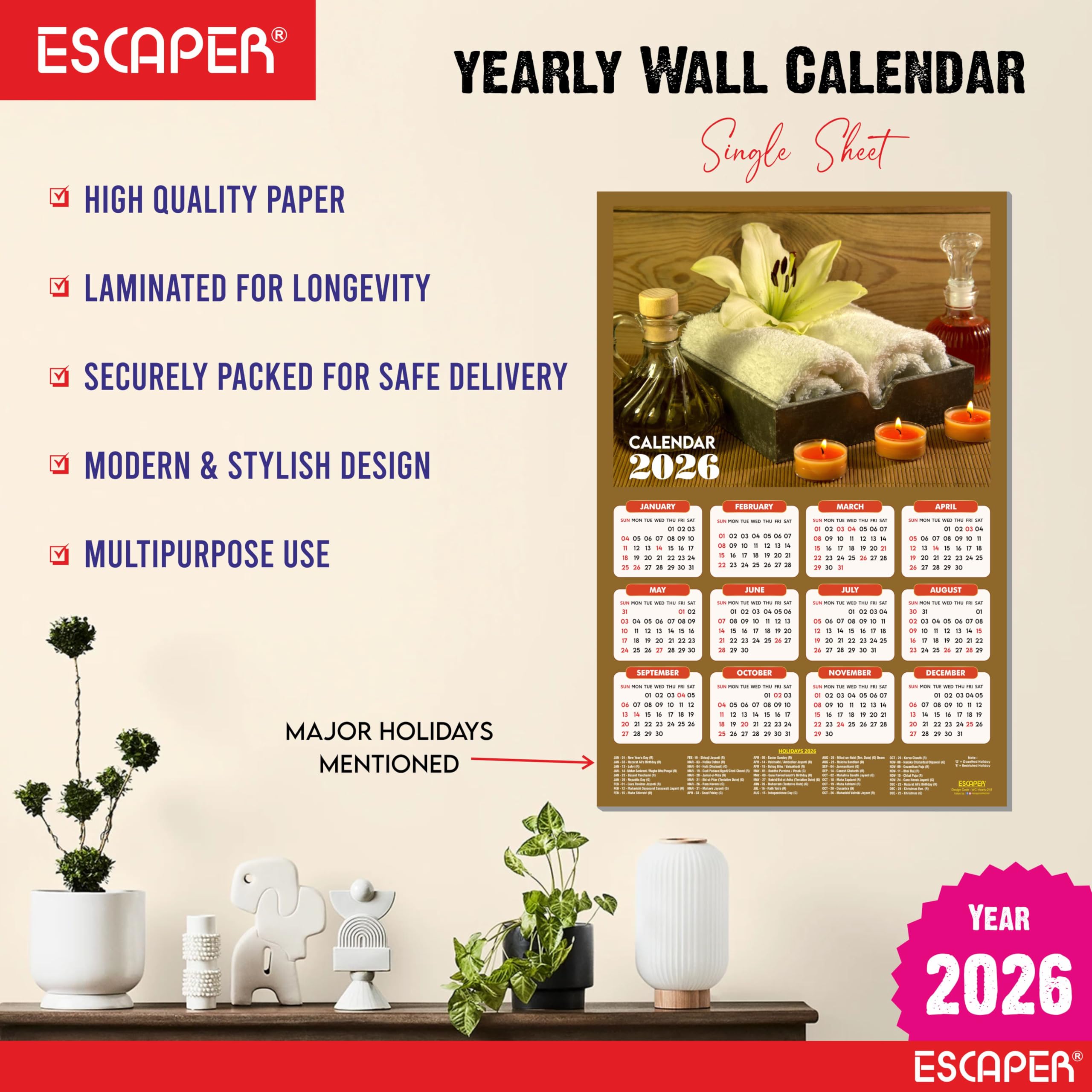 ESCAPER Calendario da parete Body Spa 2025 da appendere (45 x 30 cm), calendario da parete ayurvedico spa 2025, calendario da parete 2025, calendario da parete 2025, decorazione da parete spa