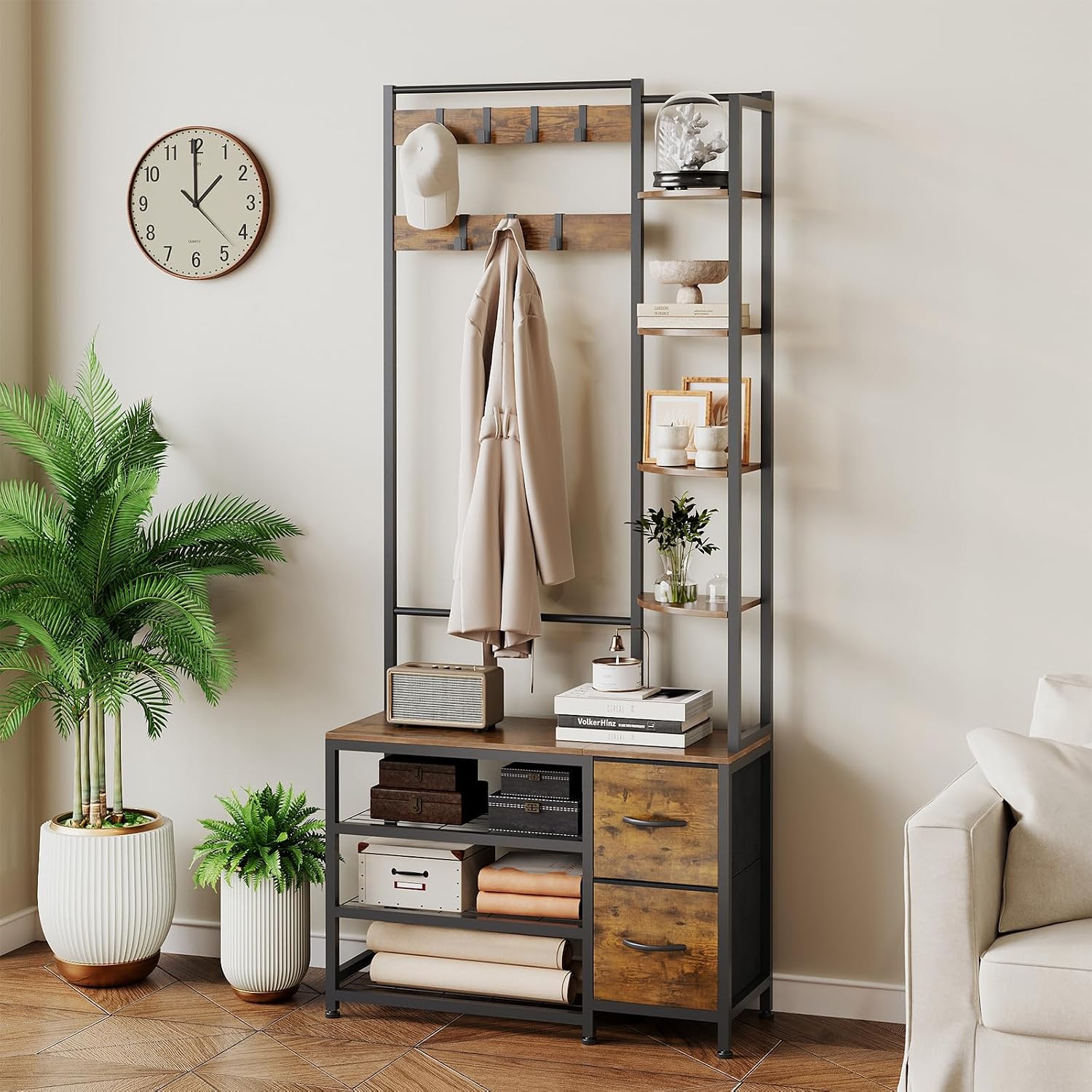 GiftGo Hall Tree with Shoe Storage 31.5" Entryway Coat Rack with 4 Shelves Floor Standing Clothes Rack Shoes Shelf Organizer for Home Office Bedroom