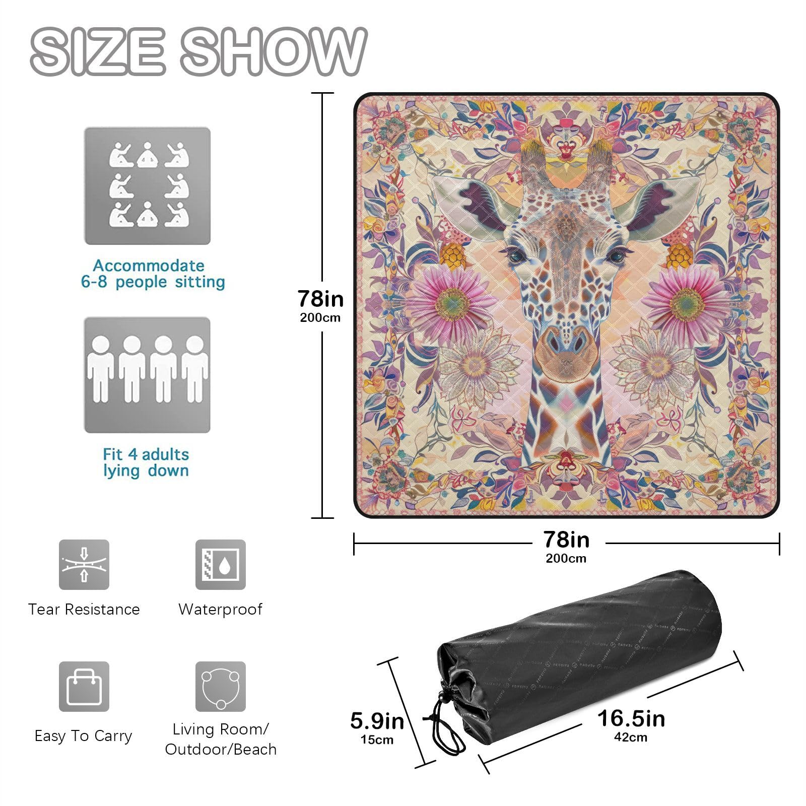 Styl boho kwiat kwiatowy żyrafa duży koc plażowy odporny na piasek turystyka na zewnątrz kemping mata dla kobiet na zewnątrz