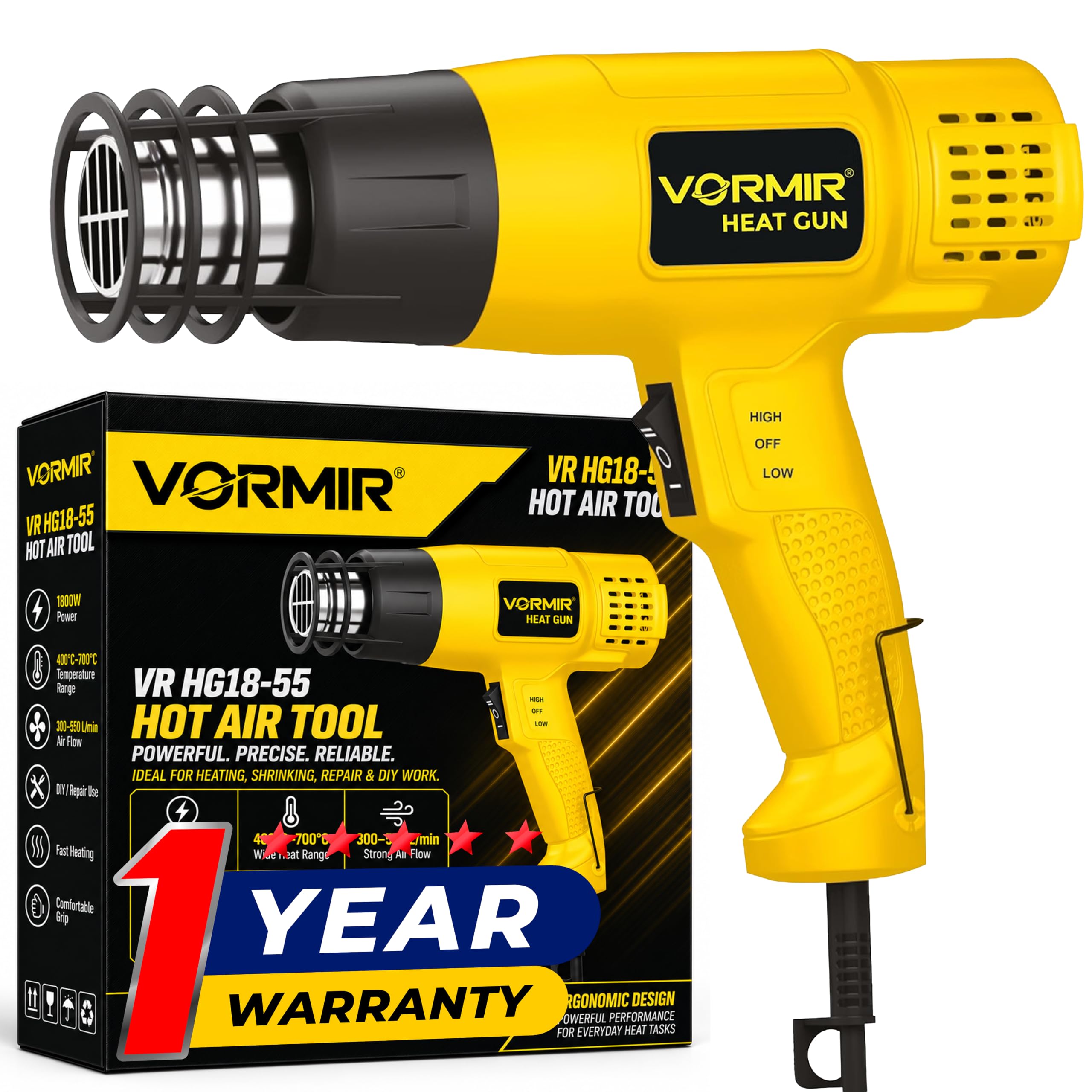 VORMIR VR HG18-55 Hot Air Tool 1800W, 400°C–700°C Temperature Range, 300–550L/min Air Flow Heat Gun for DIY & Professional Use - 12 Months Warranty